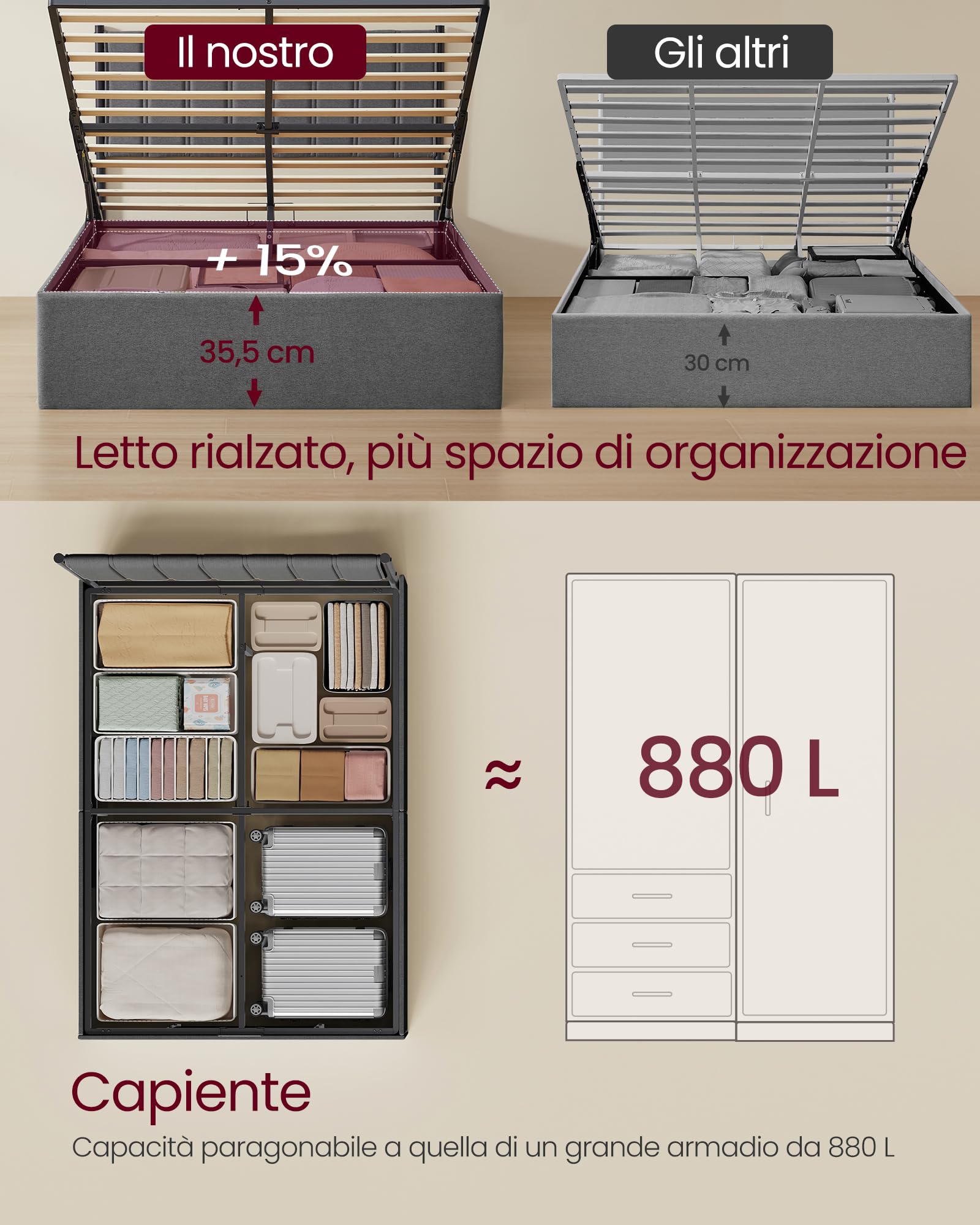 VASAGLE Struttura Letto, 140 x 200 cm, Letto Sollevabile con Contenitore, Testiera, Sollevamento Idraulico, Moderno e Semplice, Montaggio Facile, Grigio Scuro RMB614G02