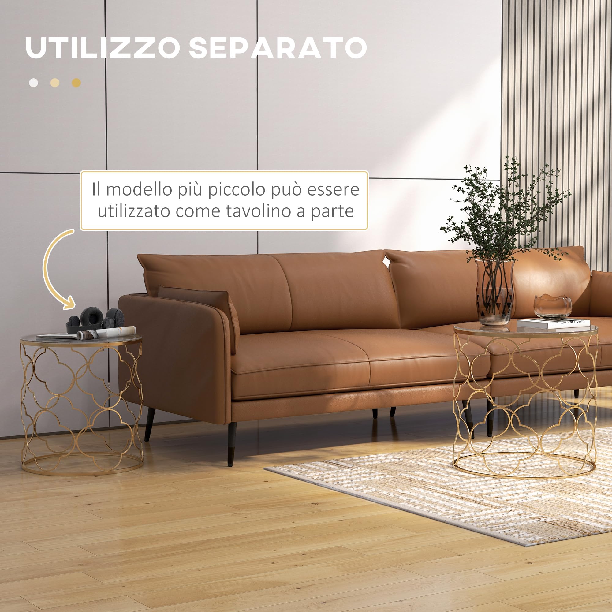 HOMCOM Set di 2 Tavolini da Salotto Impilabili Art Deco, Tavolini da Caffè in Metallo con Piano in Vetro Temperato, Oro