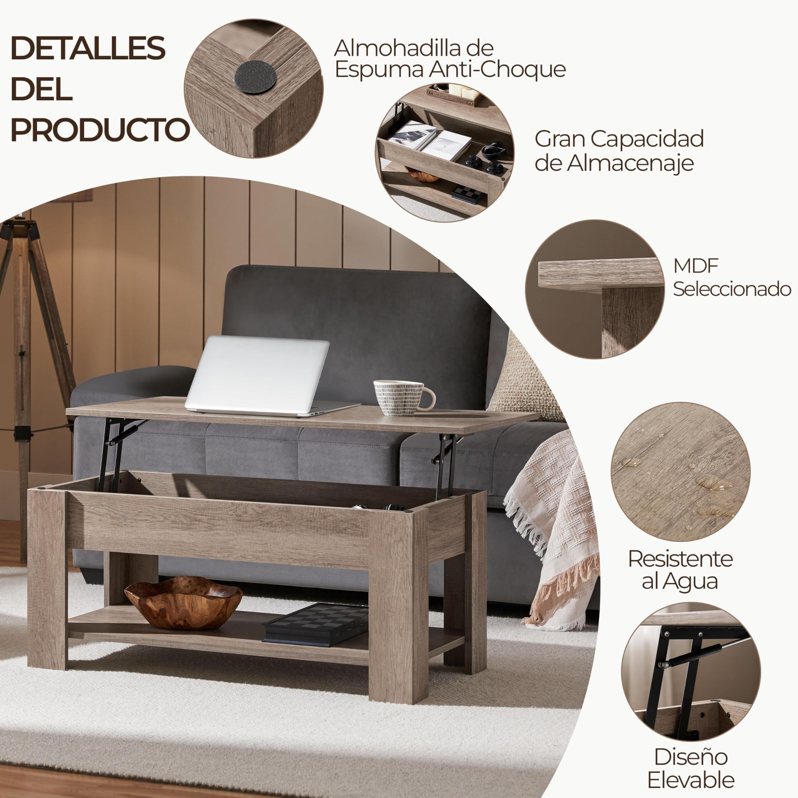 Yaheetech Tavolino da caffè sollevabile ed estensibile con portariviste 98 x 50 x (41,8 – 56) cm Tavolo da soggiorno o sala da pranzo, tavolino da caffè con ripiano nascosto grigio