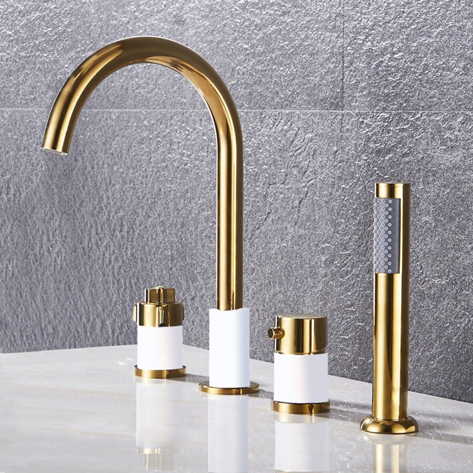SBCGFY Luxury White And Gold Bathtub Mixer Tap With Pull Out Handheld Shower Attachment,