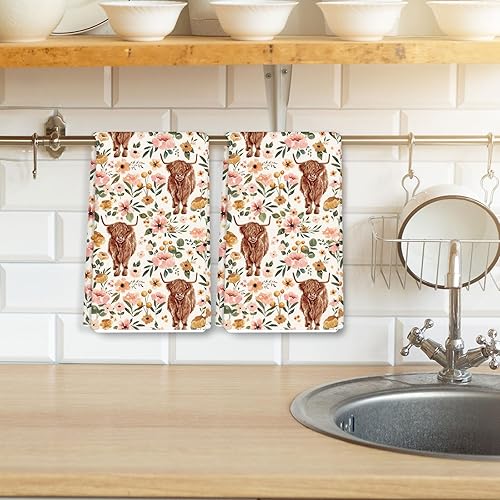 Miniatura 6 de Toalla de cocina de vaca de las tierras altas con estampado floral bohemio de 18 x 28 pulgadas, paño de cocina de granja de acuarela para cocina,
