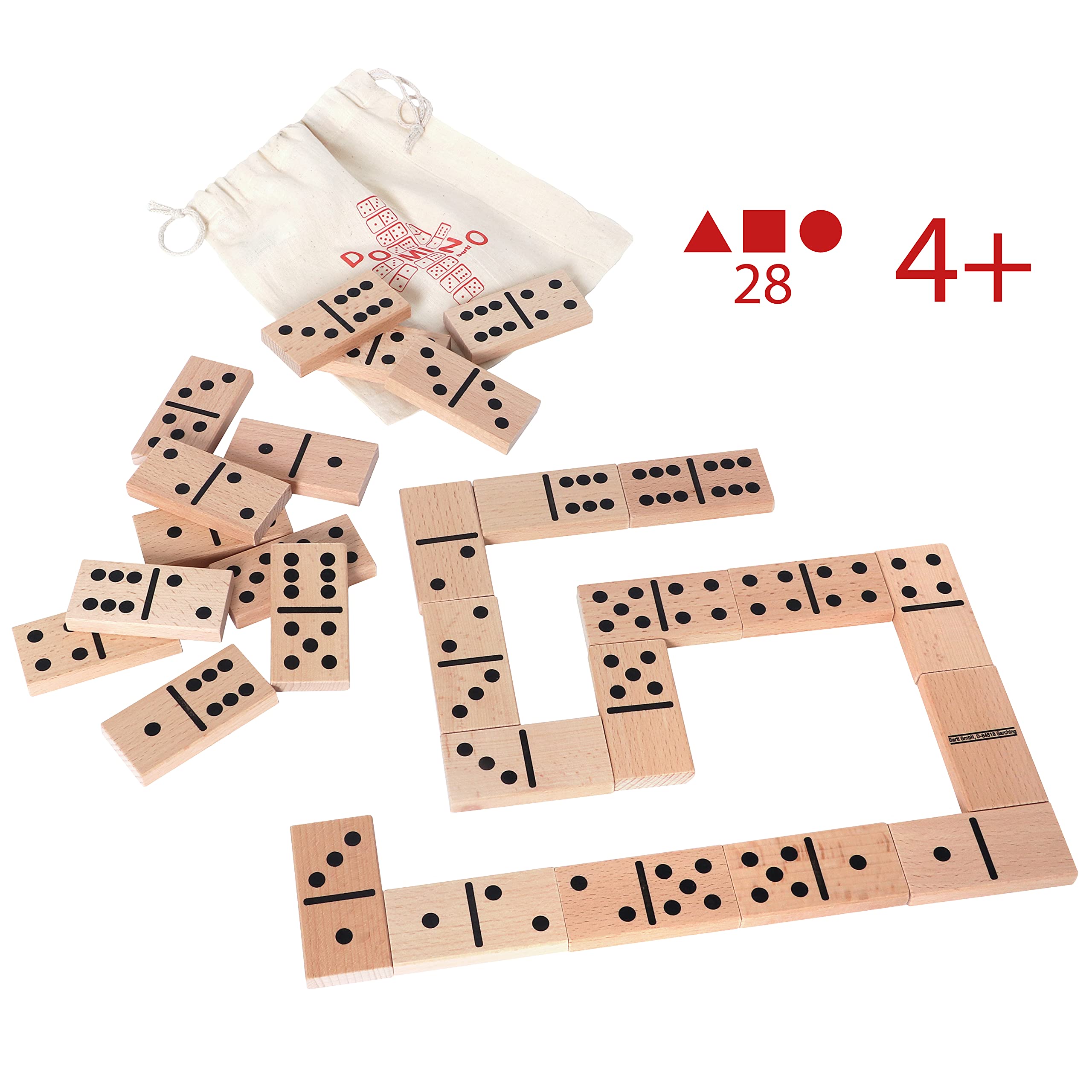 Bartl 103926 Extra Large Domino XXL de Madera de Haya Natural Ideal para niños pequeños y Personas Mayores (28 Piezas de 8 cm x 4 cm) con una práctica Bolsa de algodón para Guardar
