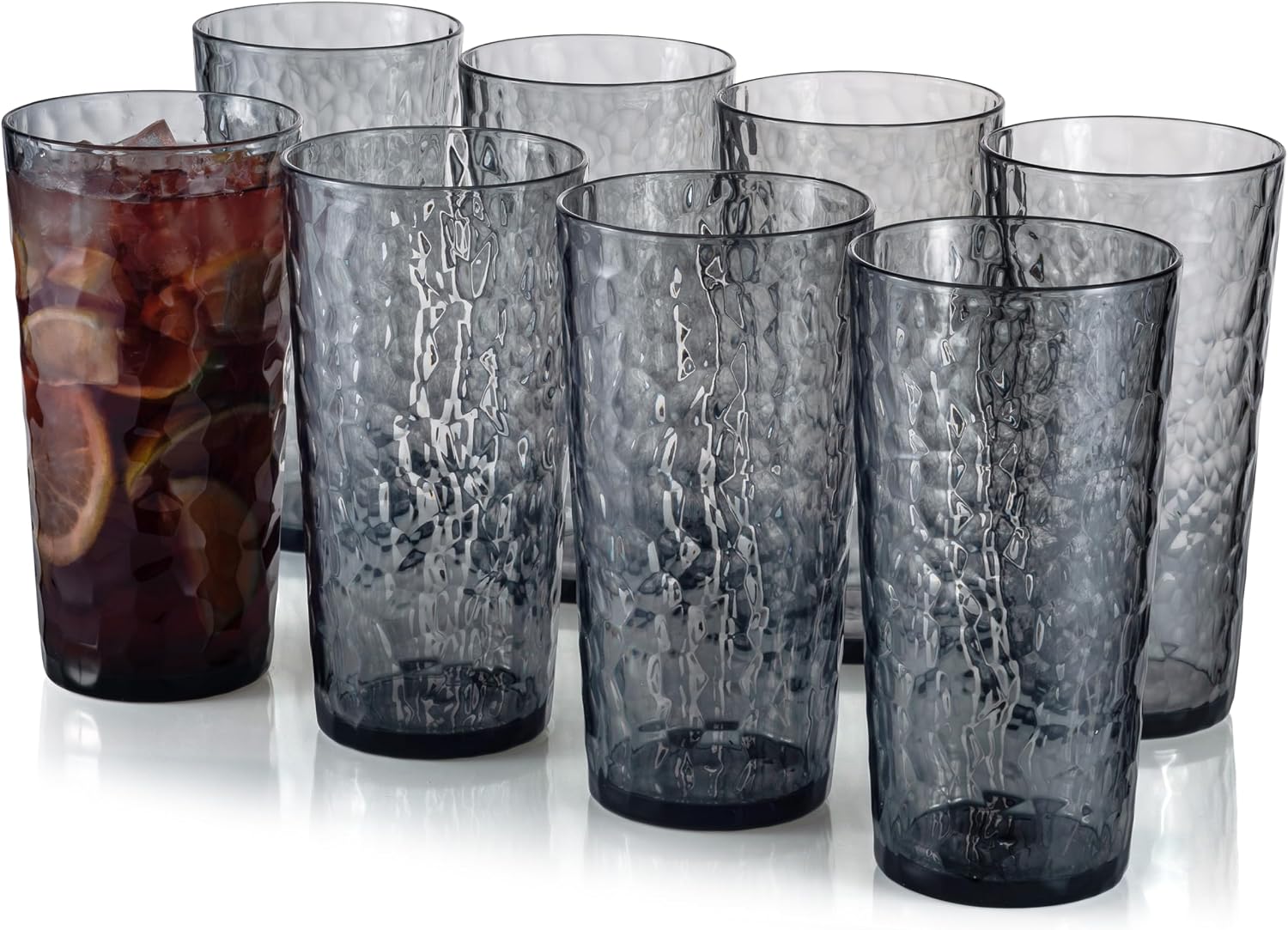 24-ounce Plastic Tumblers, Acrylic Drinking Glasses High-Balls, set of 8 Grey, Reusable Plastic Cups, Hammered Style Stackable, BPA-Free, Shatter-Proof, Dishwasher-Safe