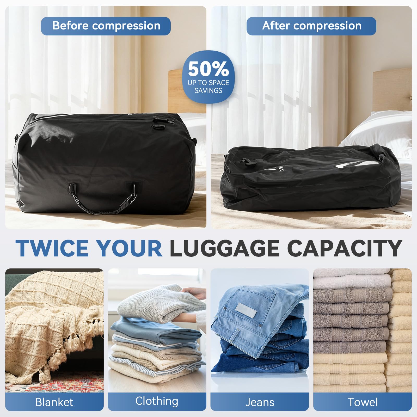 Arxus Sacchetti Sottovuoto da Viaggio, Impermeabili IP67 Cubi Compressibili Riutilizzabili per Vestiti Organizer Salvaspazio con Tracolla per Valigia Zaino Bagaglio