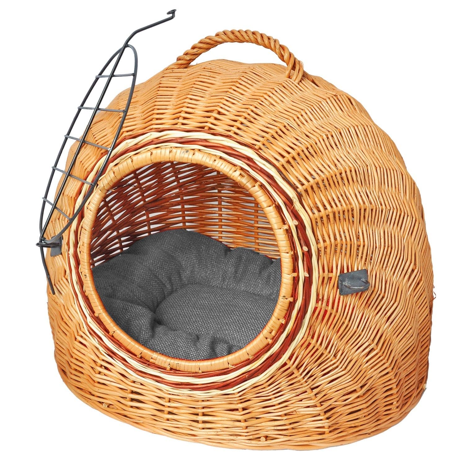 YULKA Katzentransportkorb aus Weide – Katzenkorb mit Metalltür & Kissen, handgeflochten, Tragegriff – 50×39×37–40 cm – 2-in-1 Transport & Schlafplatz