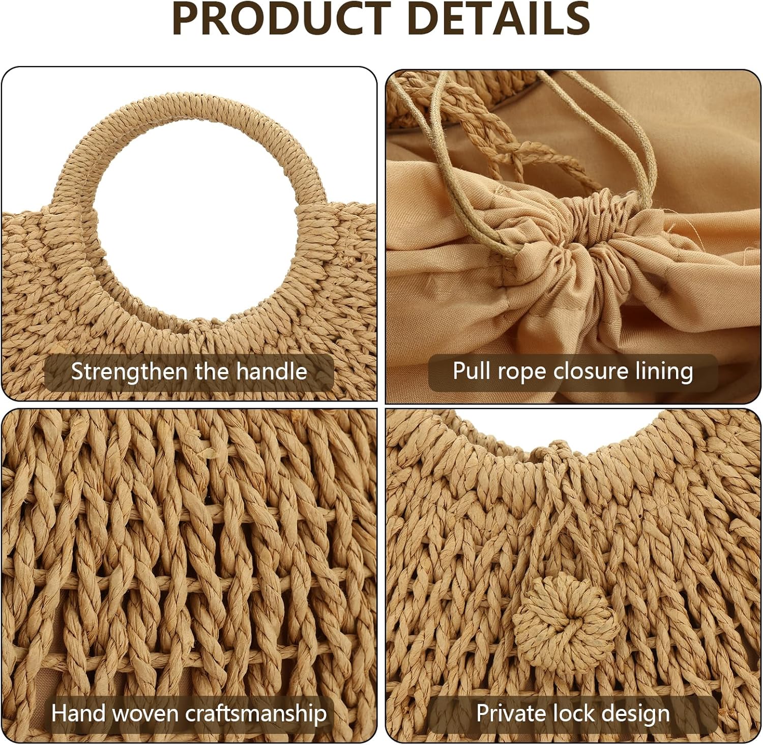 FENBEN Straw Hobo Bags for Women Round Beach Purse Large Woven Bag Vacation Handbag Khaki - Image 6