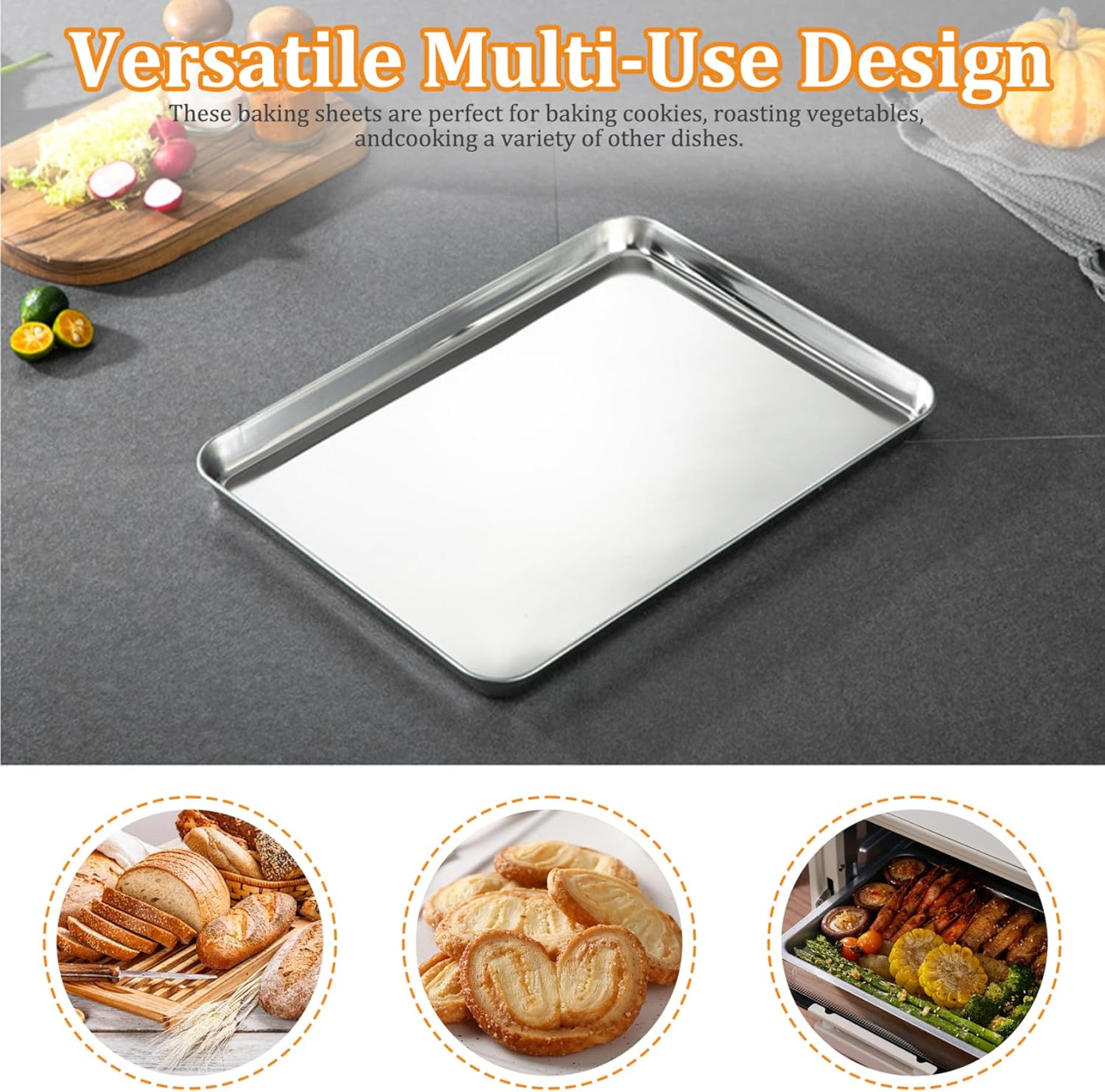 Cookie Sheets, 17x12 Inch Stainless Steel Baking Sheet, 2Pcs Rust-Proof & Safe Oven Tray, Easy Clean Baking Tray for Kitchen.