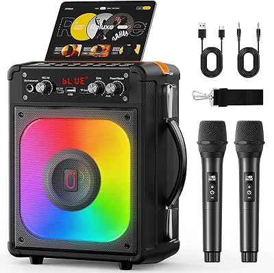 Enceinte de Karaoké avec 2 Microphones sans Fil, Haut-Parleur Karaoke Complet avec Lumières de fête, Karaoke Adulte et Enfants, Portable Système Karaoké Support TWS/AUX/FM/USB/TF Carte