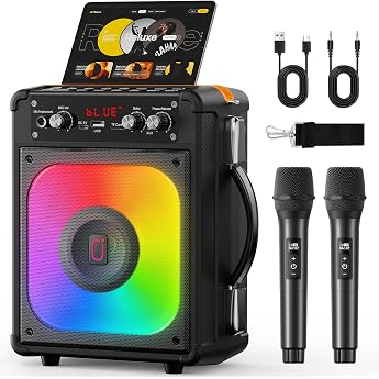 HWWR Karaoke Machine with 2 Wireless Microphones Portable Bluetooth Speaker with LED Light & Shoulder Strap TWS Party Box for Adults & Children PA System for Home & Outdoor Use