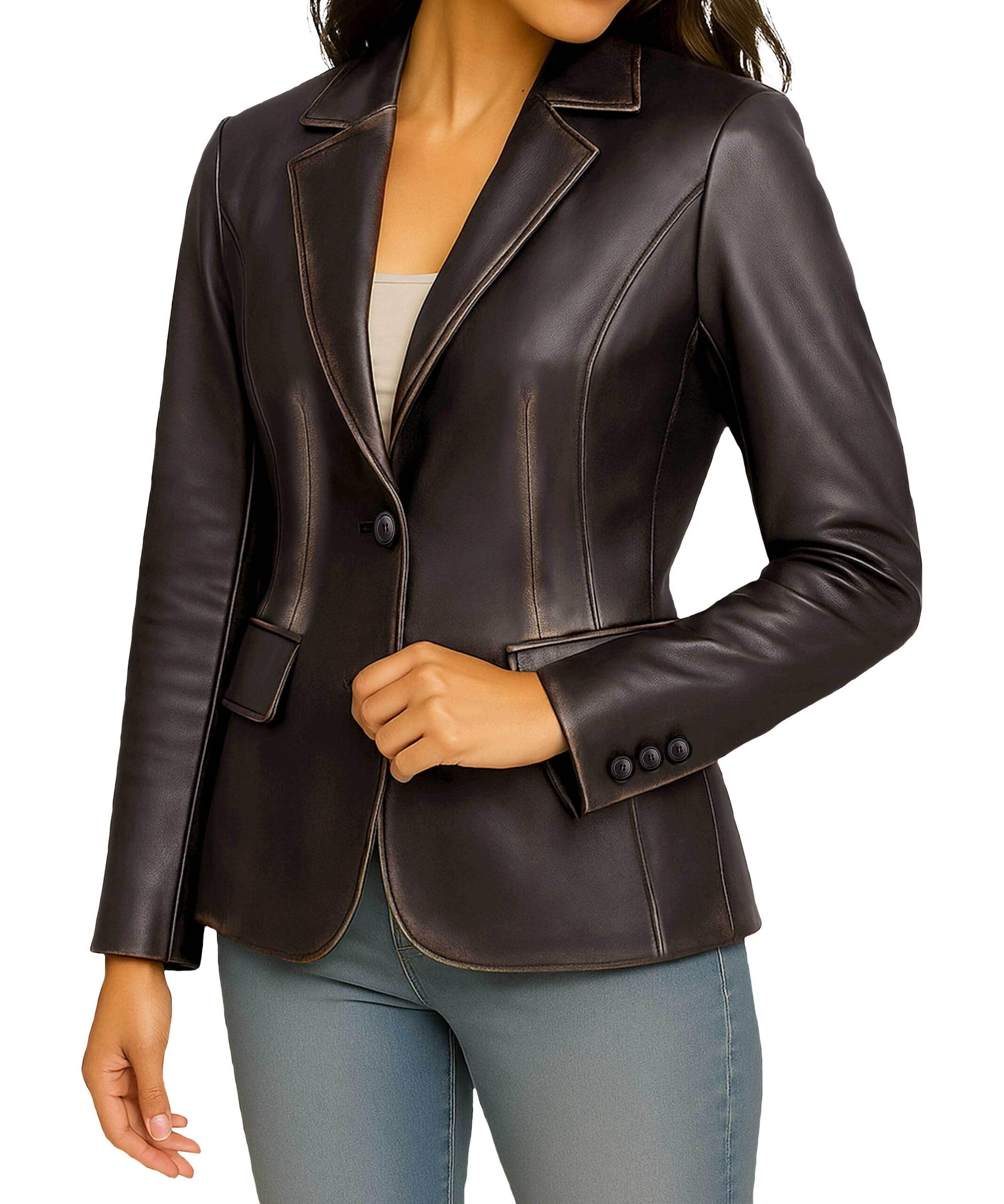 LIVEEVIL Classic 2-Button Style Lambskin Leather Blazer Women - Suit Style Leather Jacket Women - Womens Business Casual