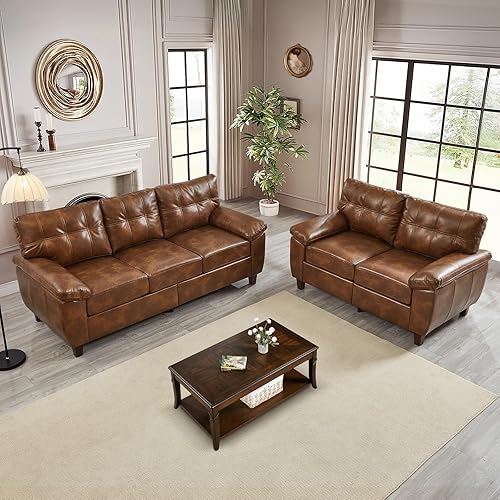 Couch and Loveseat Sets, 2 Piece Mid-Century Vintage Retro Faux Leather PU Upholstery Tufted Cloud Comfy Deep Seat Sofa Couch Furniture Sets for Living Room Office Apartment, Brown