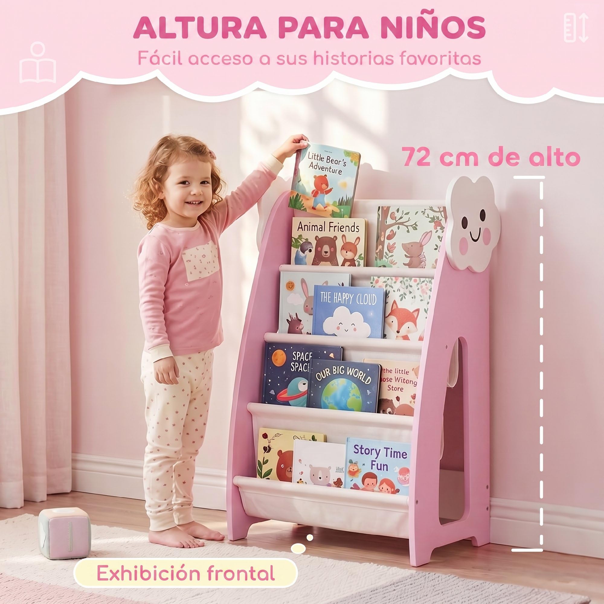 AIYAPLAY Estantería Infantil para Juguetes 3 en 1 85,5x32x72 cm Rosa | Organizador de Juguetes con Librería, Revistero y Mesita de Noche, para Niños 3-8 Años, para Dormitorio, Sala de Juegos