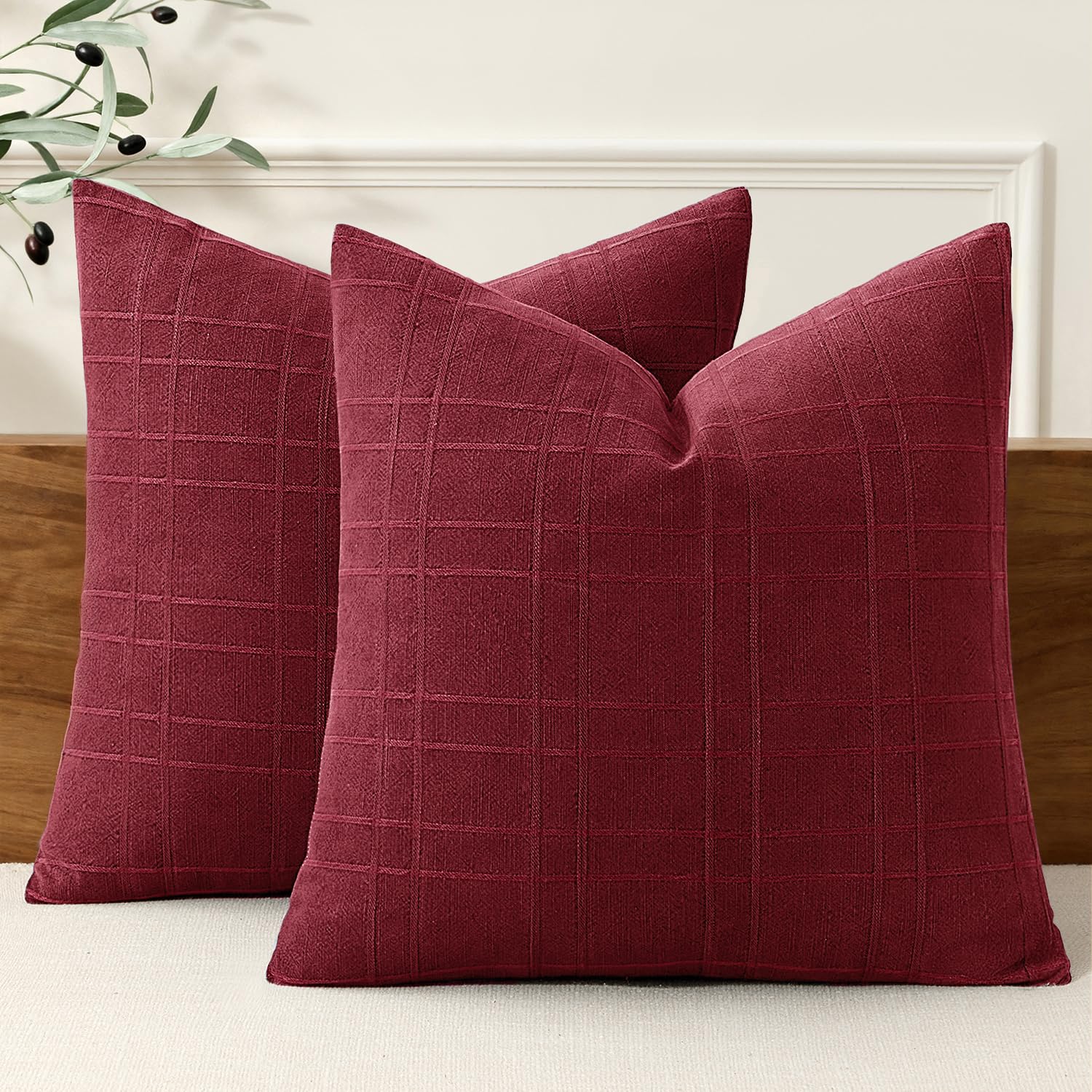 MIULEE Linen Plaid Pillow Covers Christmas Decorative 18x18 Burgundy