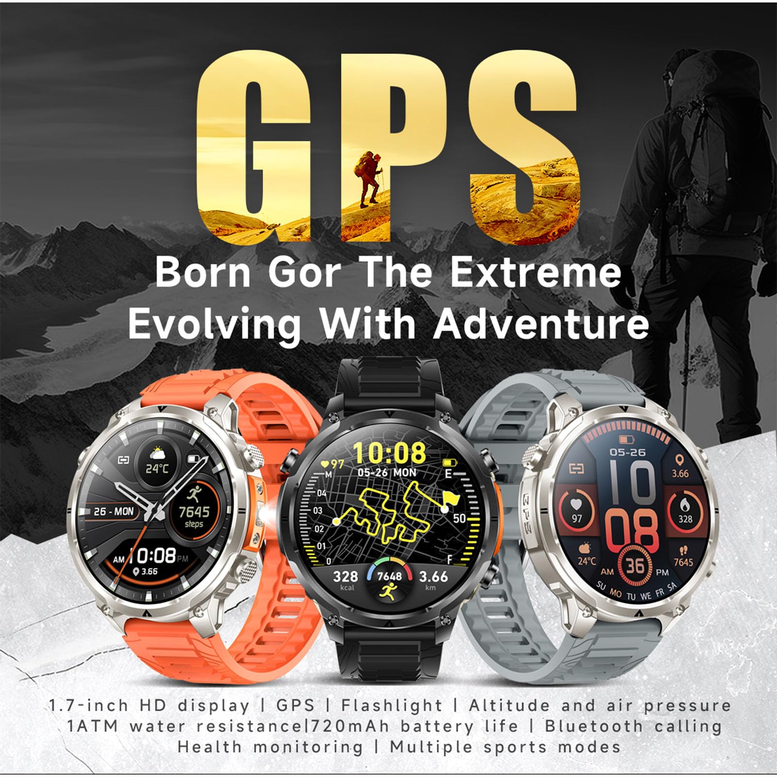 GPS Orologio Collegato Uomo Donna Sport Impermeabile Multiattività Pedometro Chiamate Bluetooth10 giorni di autonomia Monitor Frequenza Bussola Monitoraggio della Pressione Atmosferica, Altimetro 1ATM
