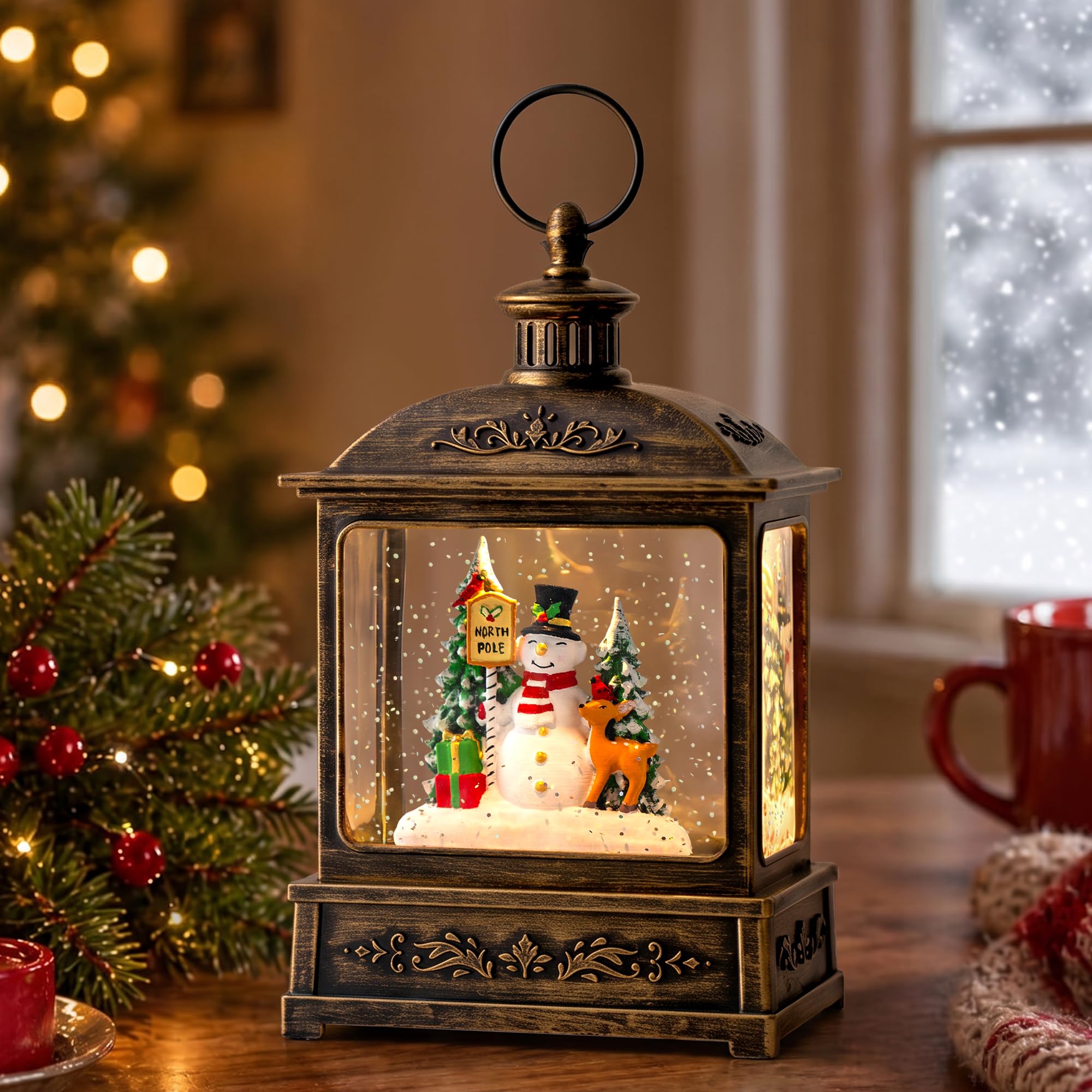 Christmas Snow Globe Lantern Water Glittering North Pole Snowman with Music &amp; Timer, USB Lined/Battery Operated Lighted Lantern for Christmas Festival Decoration Gifts