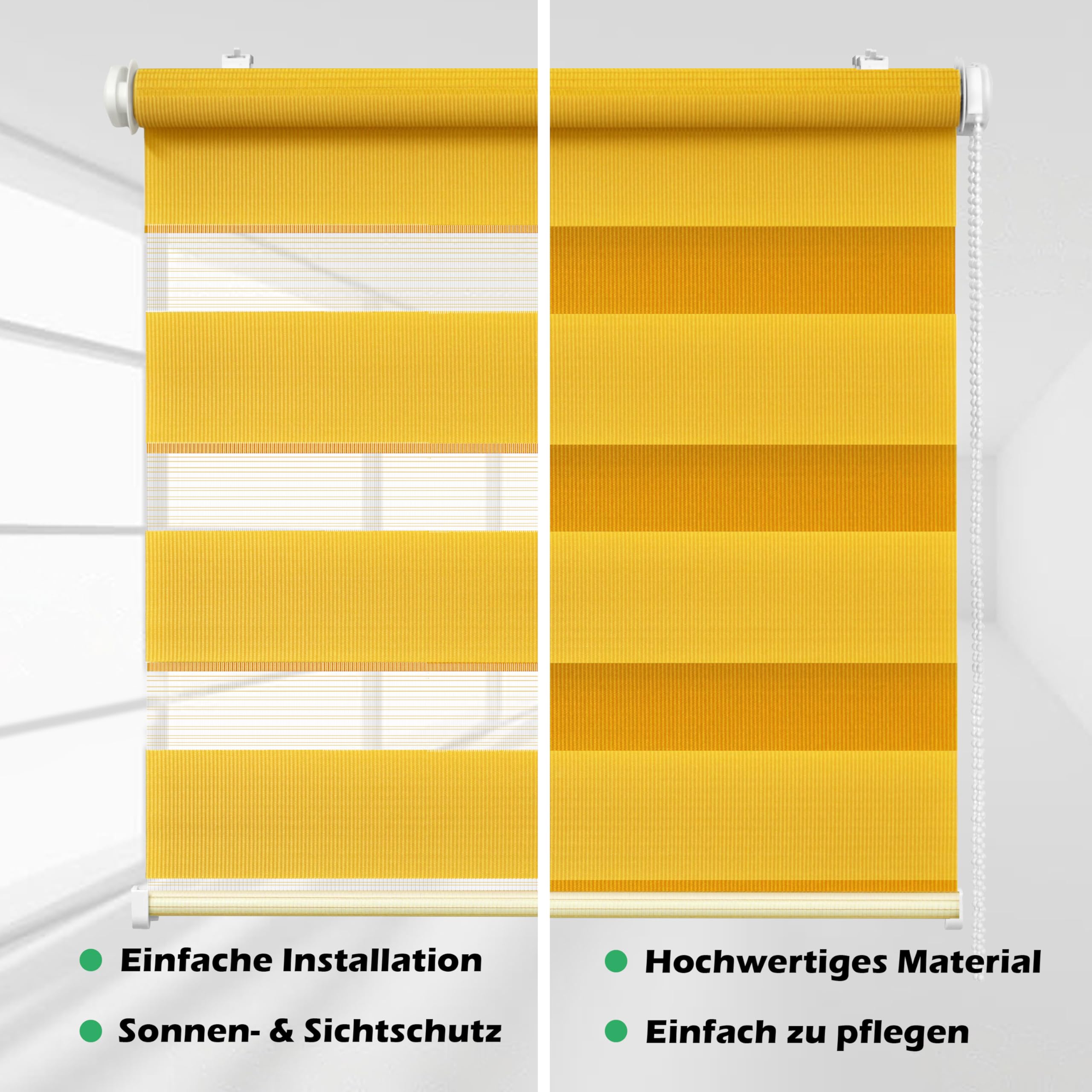 Domdeco Store double jaune, 80 x 215 cm – Store enrouleur double Fix avec supports de serrage, store de fenêtre/store de traction latérale, sans perçage, translucide et occultant