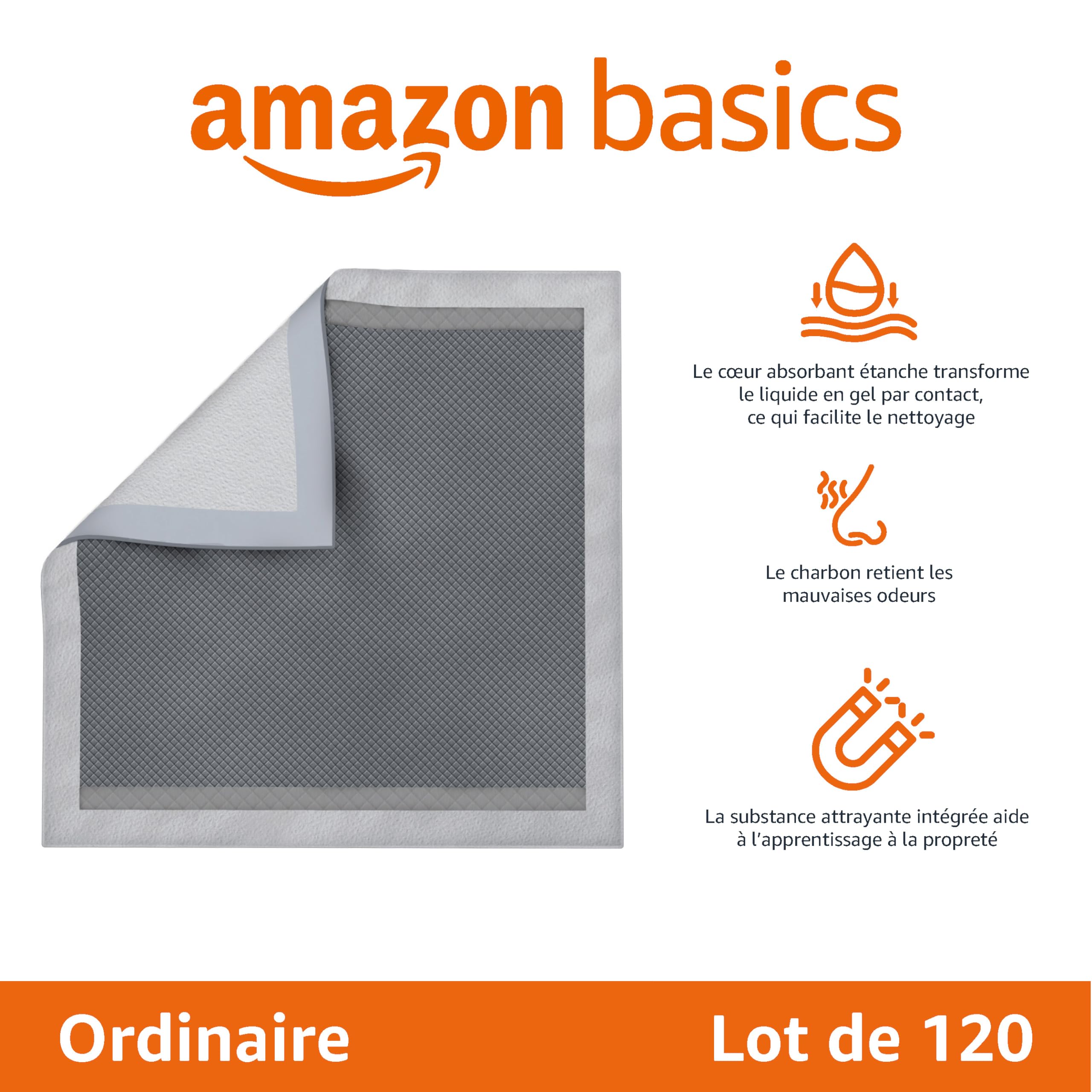 Amazon Basics Lot de 120 Protections pour déjections Canines, avec du Charbon pour Assurer Le contrôle des odeurs, Anti-Fuite, Surface à séchage Rapide, Taille Classique, pour Chiens et Chiots, Blanc