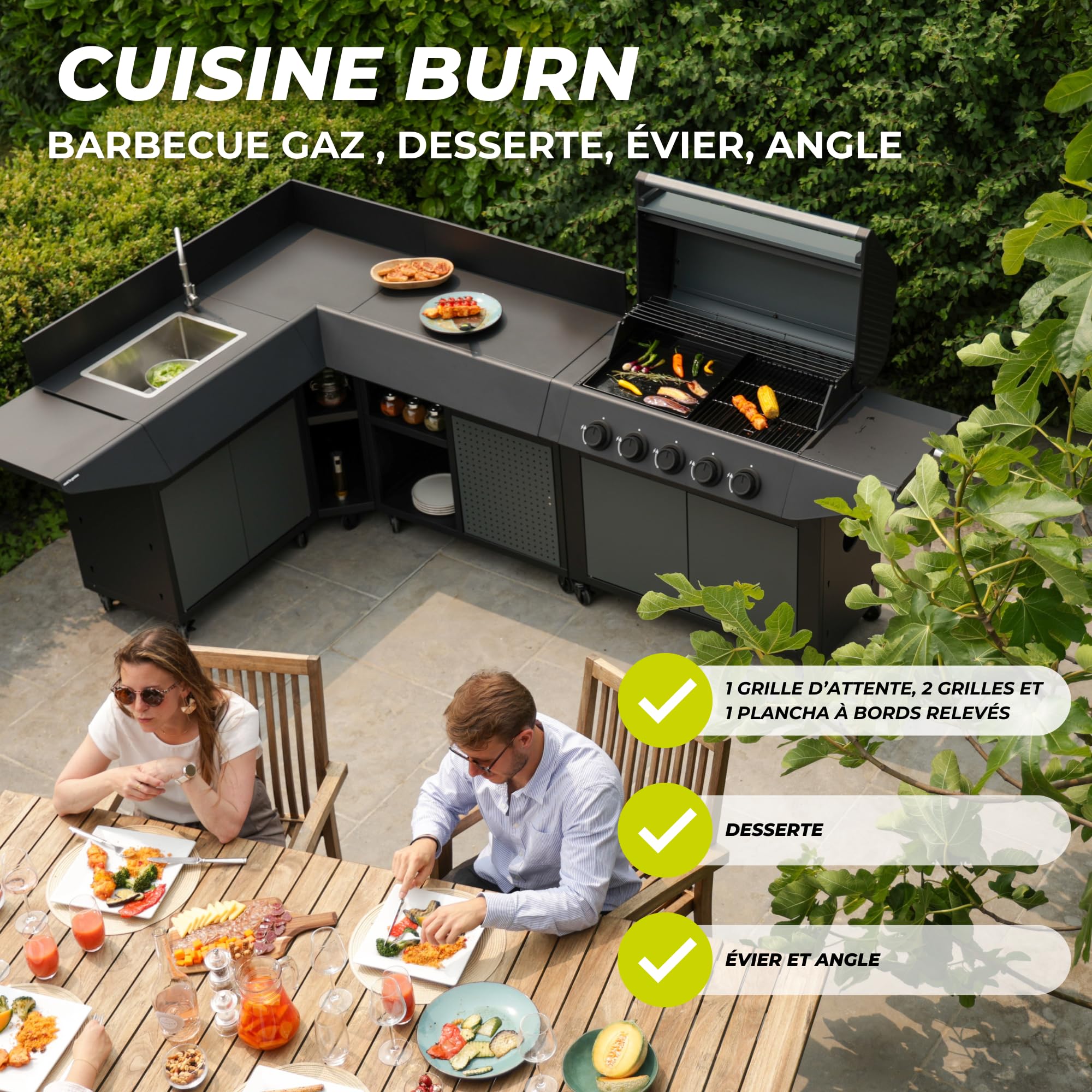 Cook'in Garden - Cucina Esterna Gas BURN, Barbecue Modulabile con Angolo, 5 fuochi, Diverse configurazioni possibili, Destra, Angolo Sinistro o Destro, Rotelle Multidirezionali