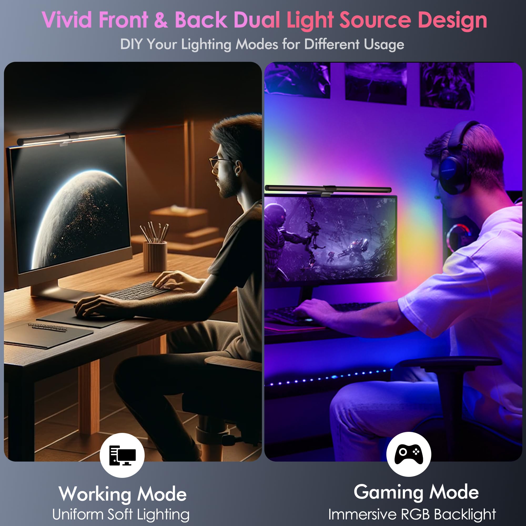 Quntis 51CM Luz Monitor con Retroiluminación Rgb, Lámpara de Monitor Remota con 15 Modos de Retroiluminación, Regulable y Antideslumbrante, Luz Ordenador para Todos los Monitores