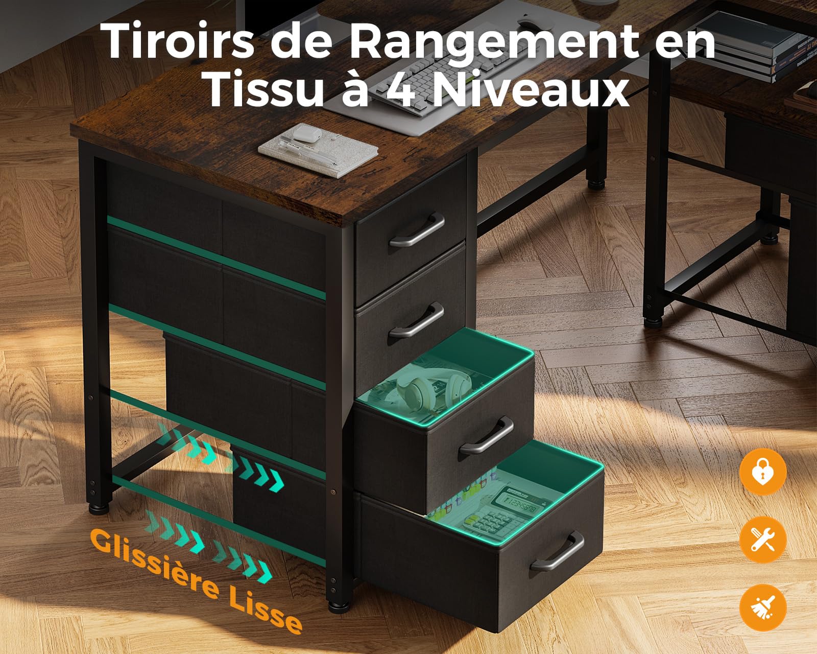 Coleshome Bureau d'angle avec Tiroirs en Tissu, 140x80cm Réversible Bureau en L avec Tiroir Classeur, Bureaux Ordinateur avec Port de Chargement USB et Prise de Courant, Bureaux à Domicile, Marron