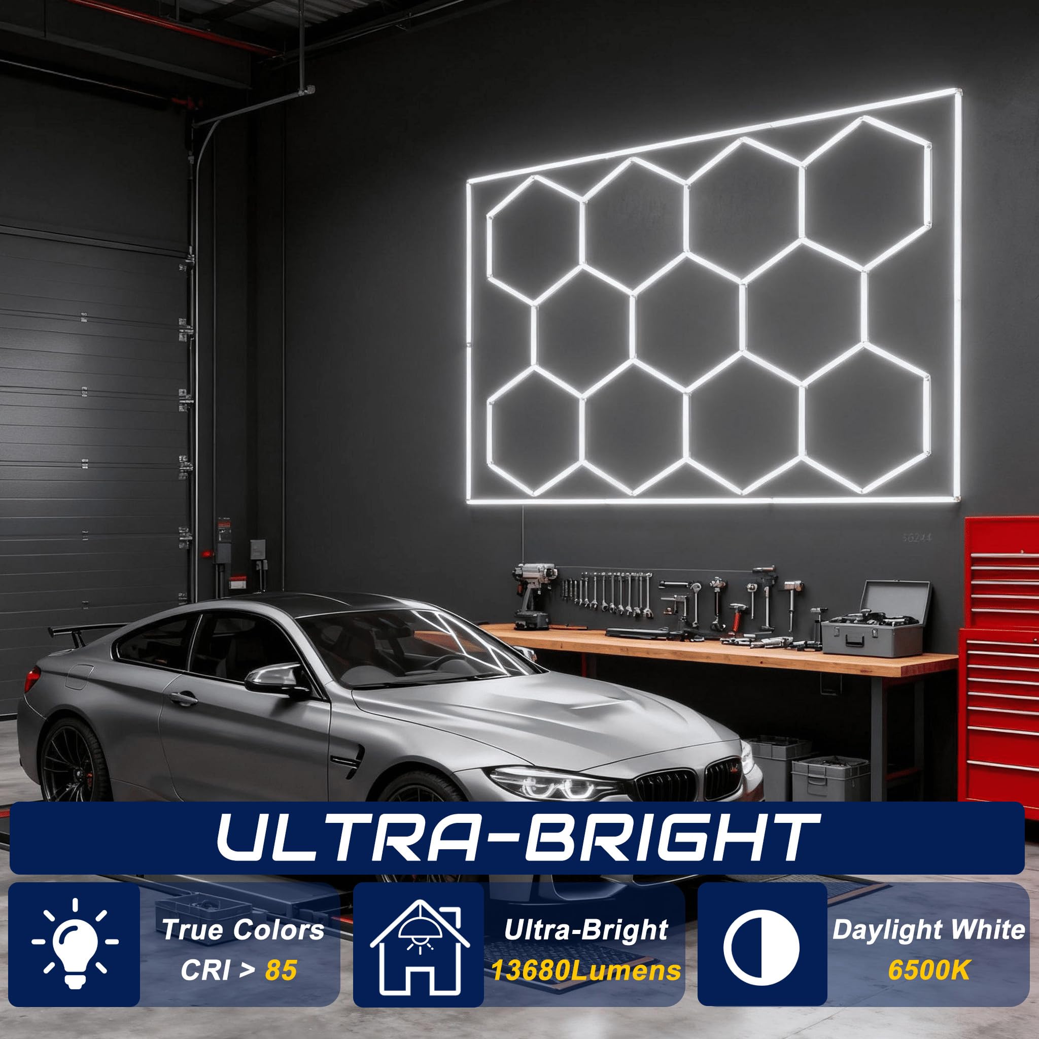 UISEBRT Hexagon LED Deckenleuchte,11 Hexs Garagenbeleuchtung mit Rechteck,IP44 flimmerfrei Werkstattbeleuchtung LED-Deckenleuchten 6500K Weiß für Garage, Werkstatt, Lager, Keller, Fitnessstudio,Salon