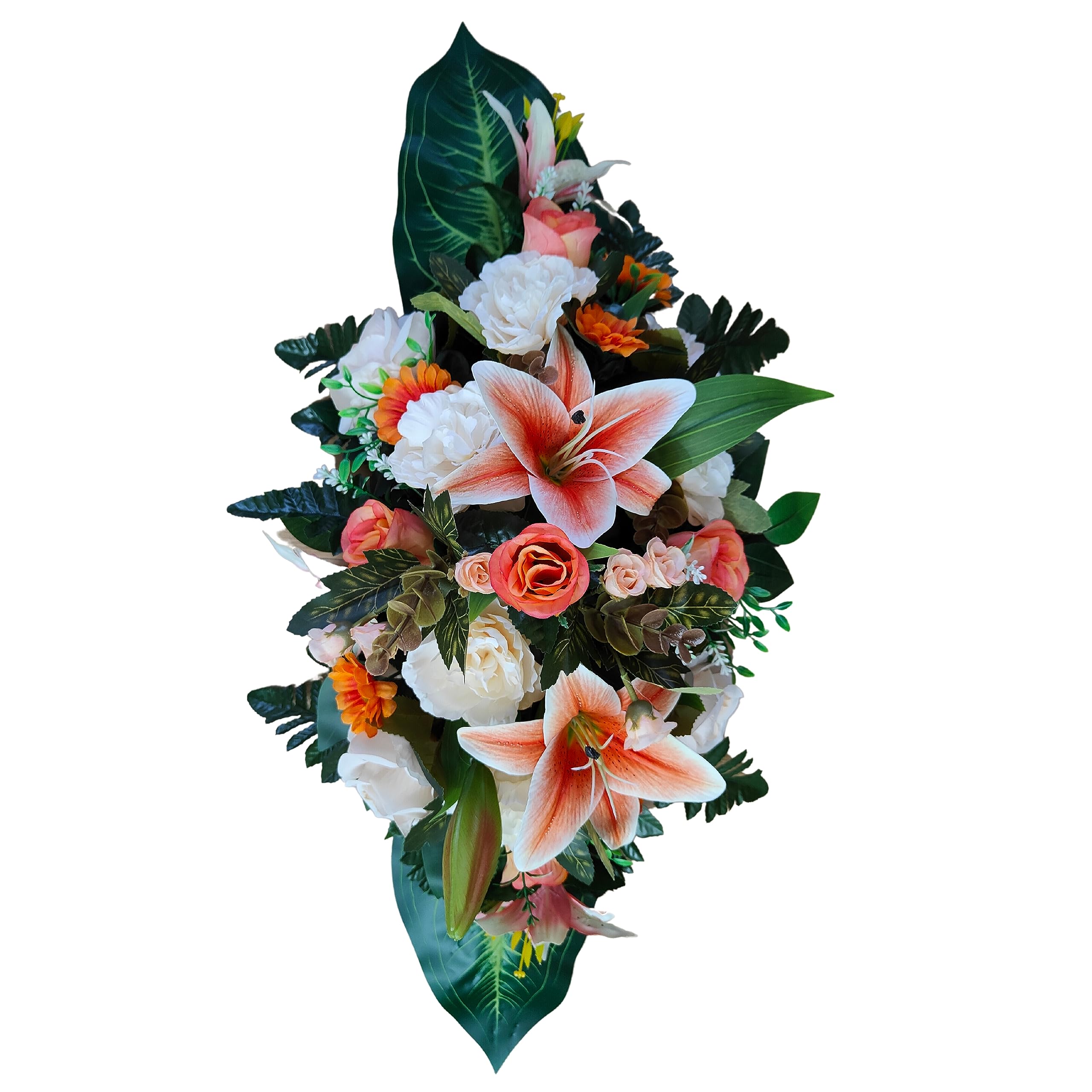 DRW Centro Flores Artificiales Cementerio, Santos, Iglesias, Aniversarios, Ceremonias, Bodas Naranja Salmon y Blanco con liliums, Rosas y Margaritas 75x24x30 cm