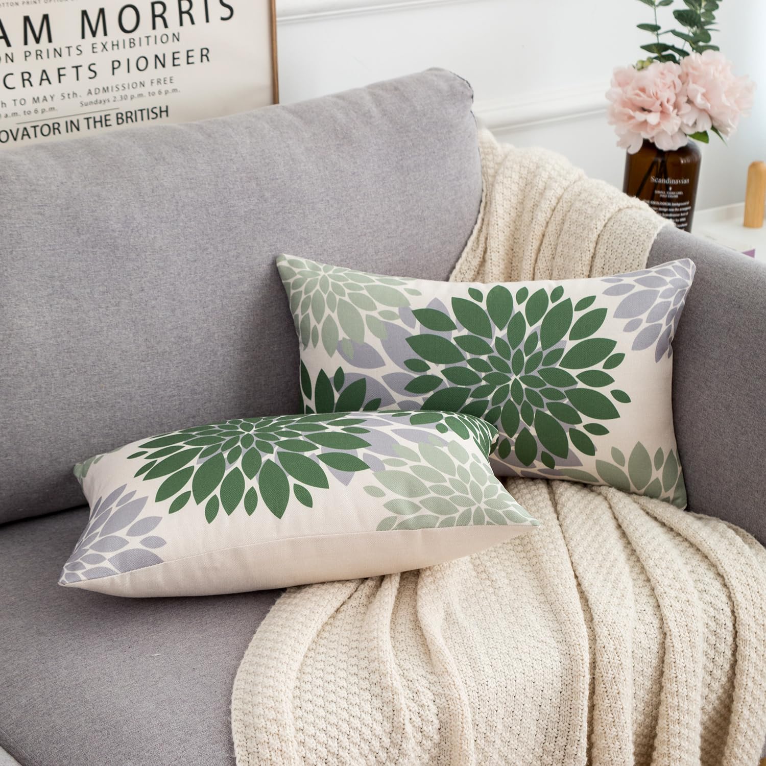 Federe Cuscini 30x50 Cm - Set Di 2, Modello Floreale Moderno, Lino Artificiale, Per Divano E Letto