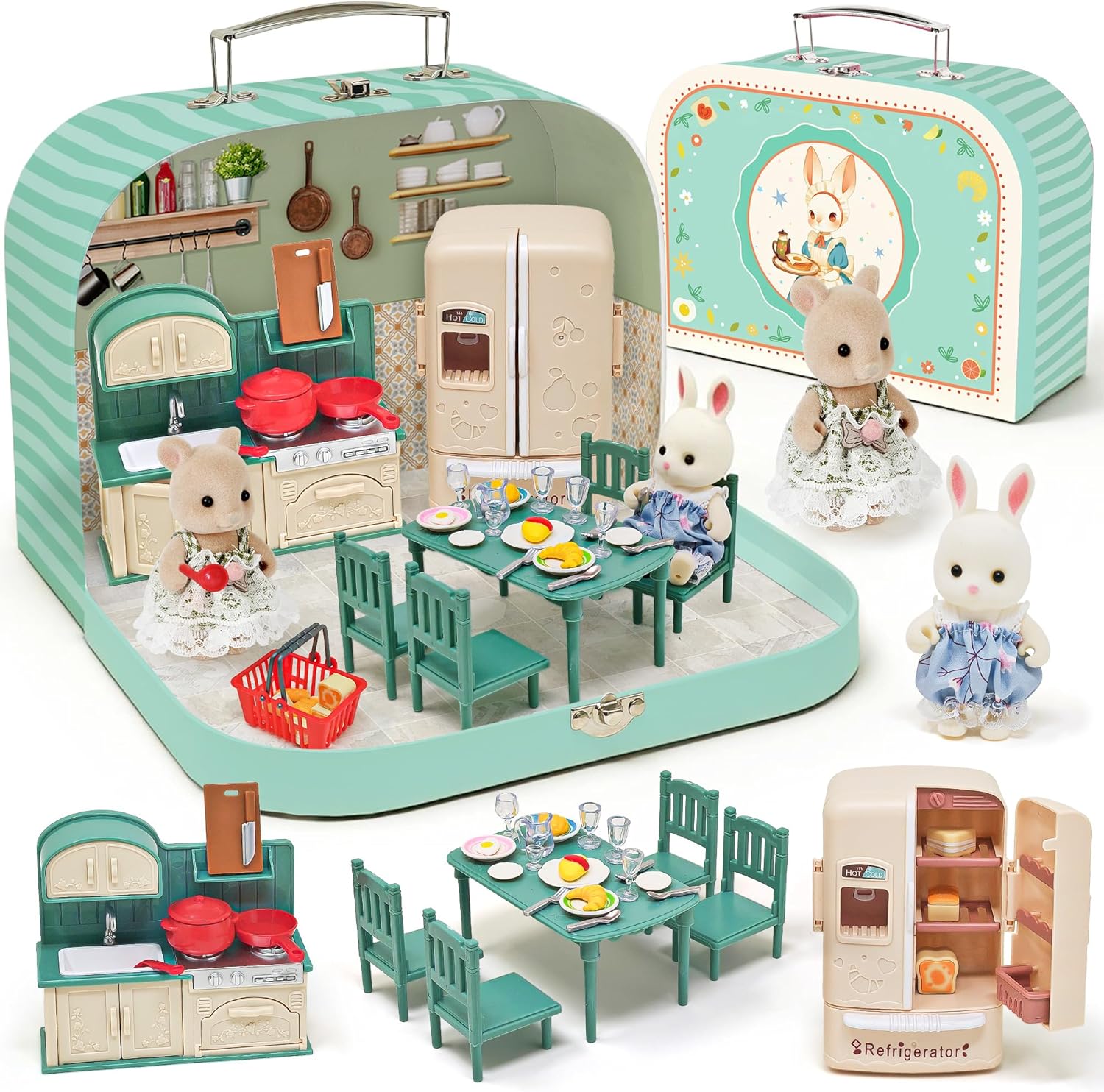 Dollhouse Kitchen Furniture Suitcase Set for Kids, 2 Flexible Dolls/Dining Tble/Kitchenware/Tableware/Refrigerator/Bread, Pretend Play Dollhouse Accessories Christmas Birthday Gift for Girls Ages 3+