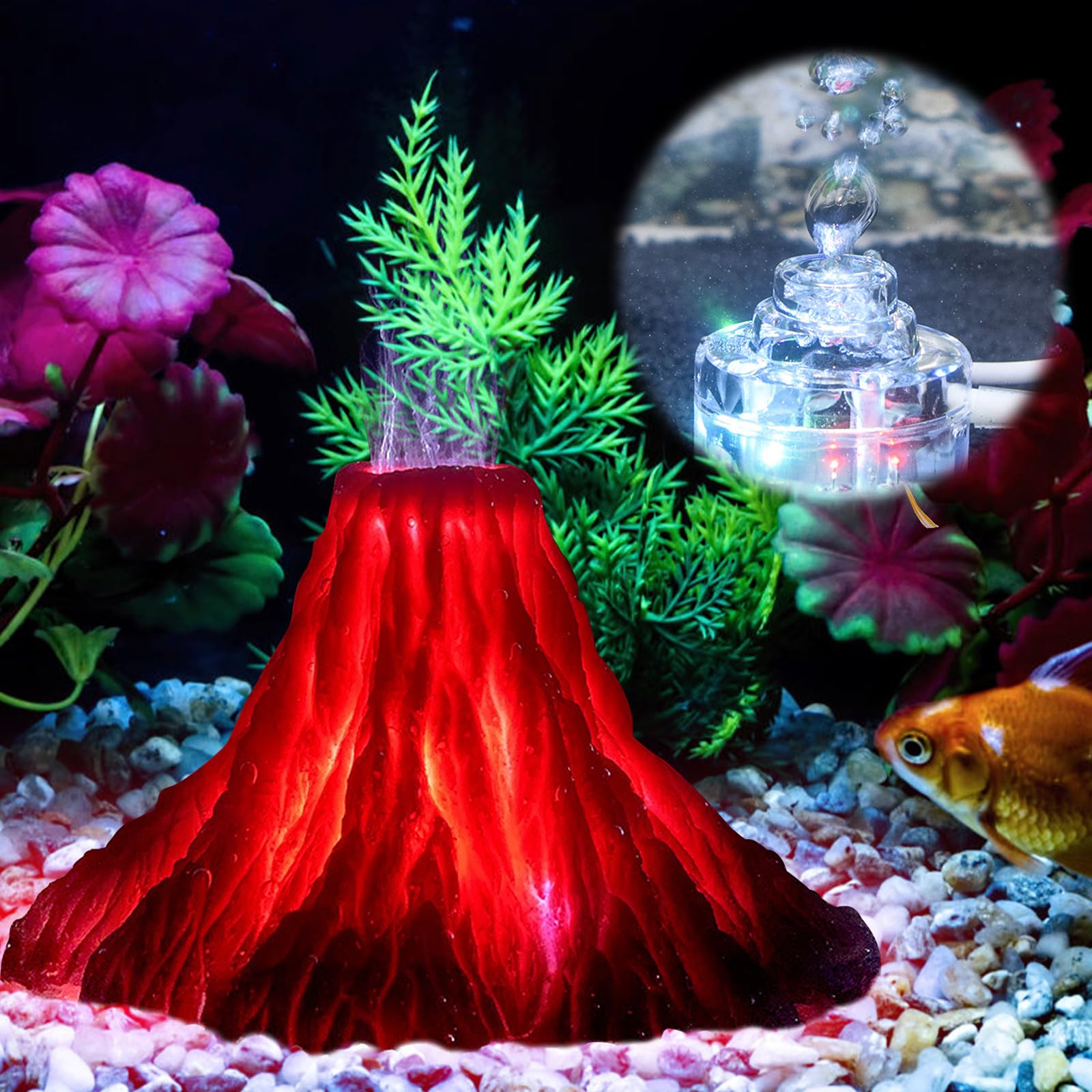 Aquarium Volcano Ornament Kit Volcano Aquarium Decoration Aquarium Volcano Decoration Colorful LED Lights with Air Pump Resin Aquarium Decoration Aquarium Accessories for Shrimp Fish Turtle