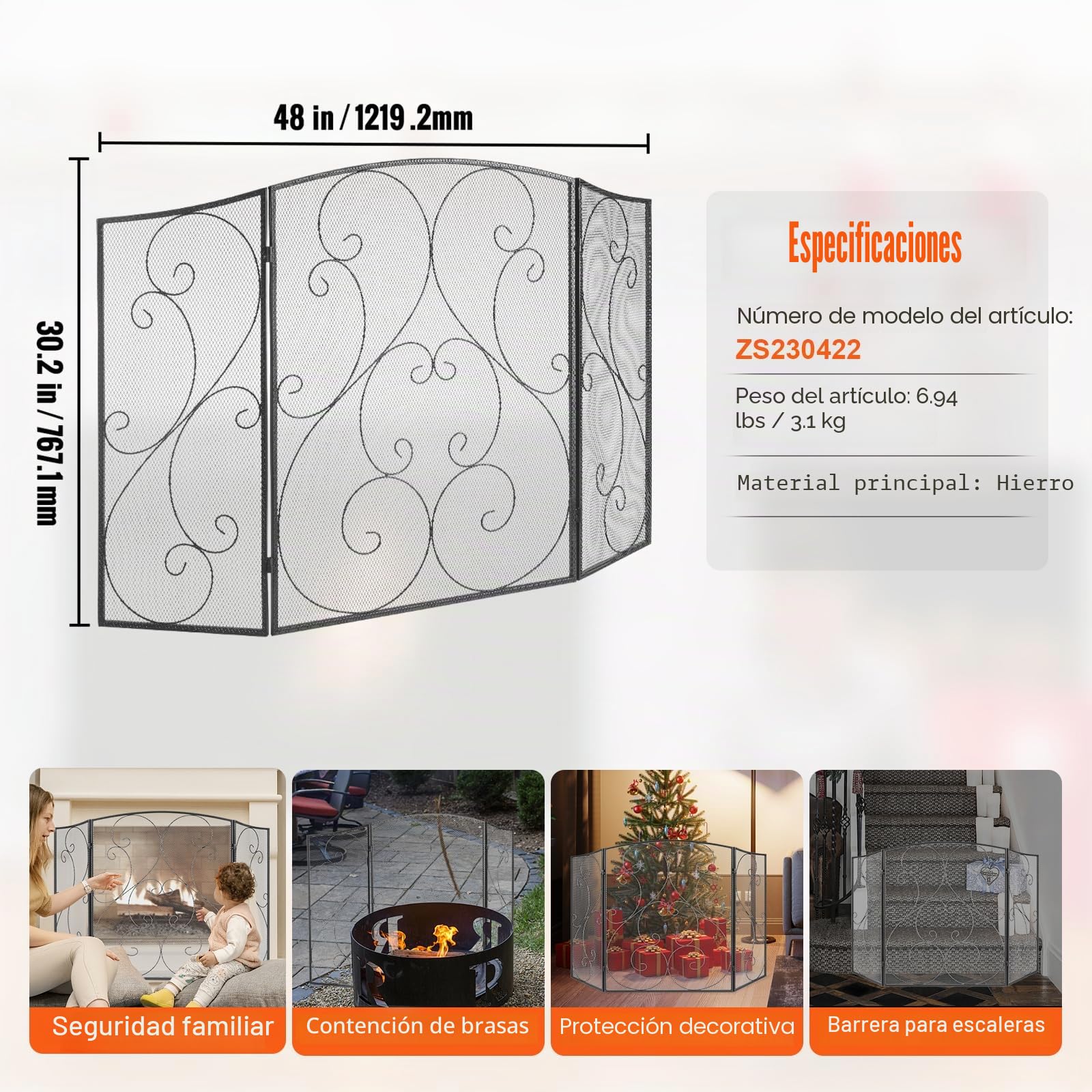 VEVOR Pantalla para Chimenea 3 Paneles Salvachispas para Chimenea de Hierro 121,9x76,7 cm Protector Chimenea Independiente, No Requiere Ensamblaje para Sala de Estar Decoración del Hogar, Negro