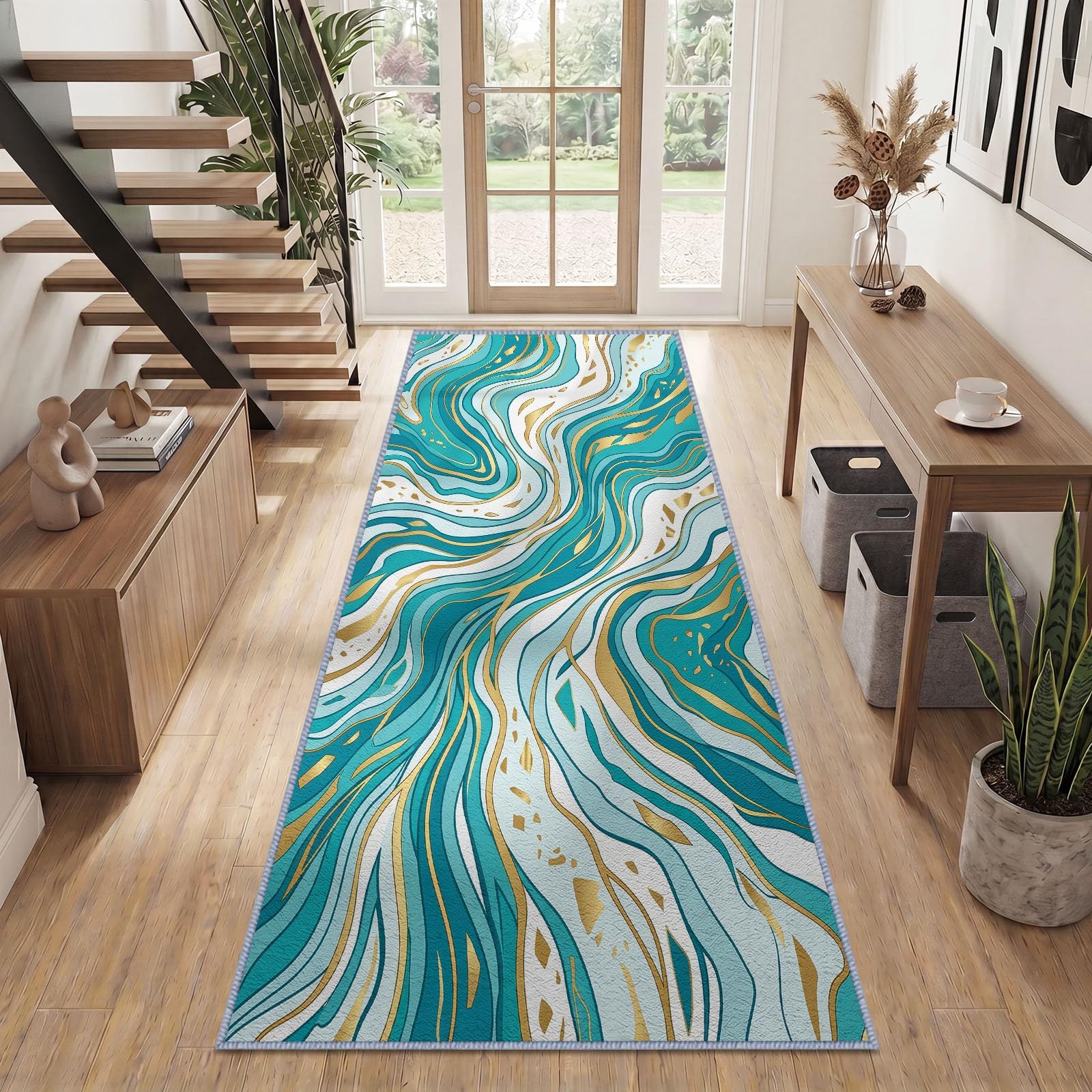 Générique Bleu Canard Marbre Tapis Couloir Lavable 60x180 cm