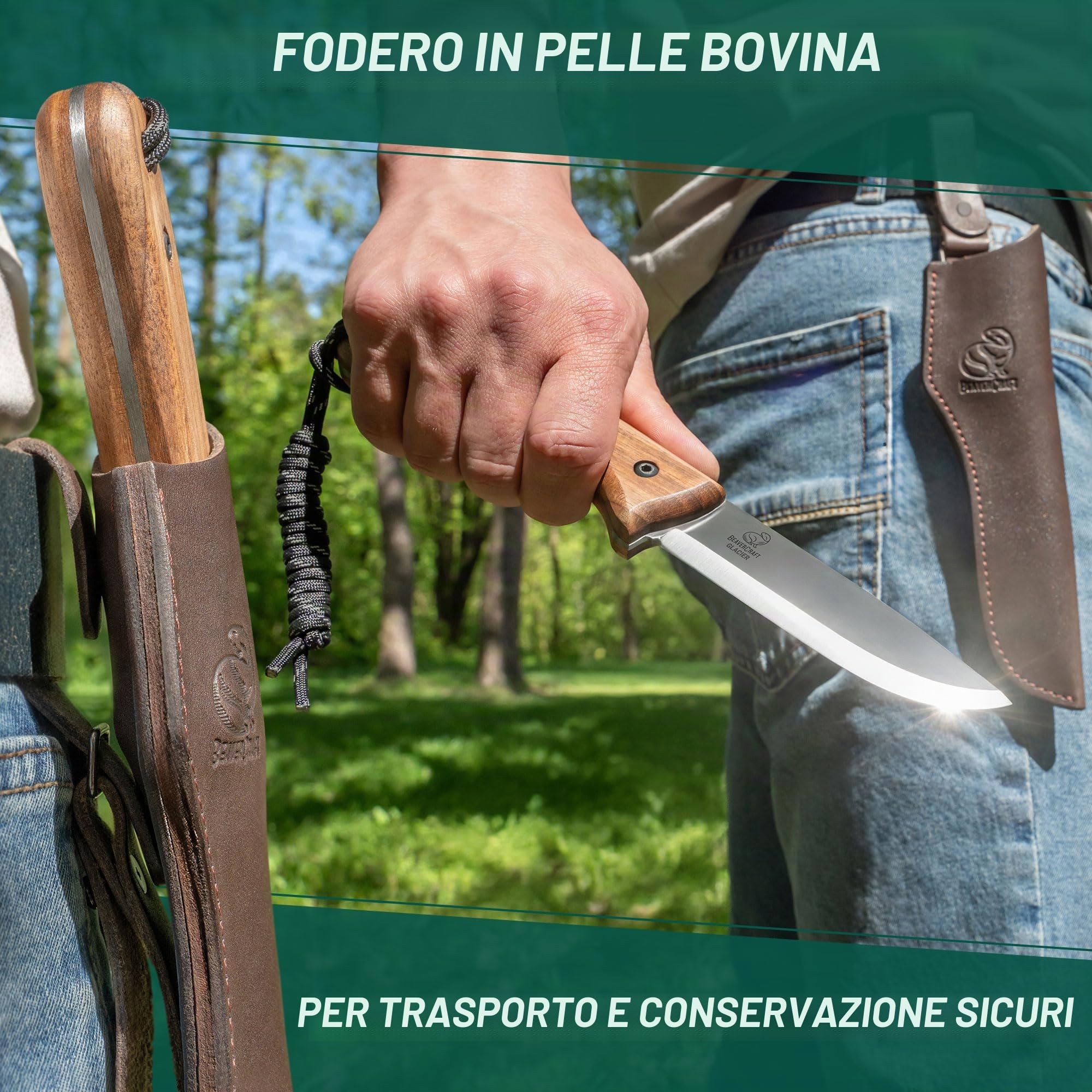 BeaverCraft Coltello da bushcraft Lama in acciaio Coltello a lama fissa con fodero in pelle Coltello da campeggio Coltello da sopravvivenza in acciaio al carbonio a codolo intero | BSH2 Glacier