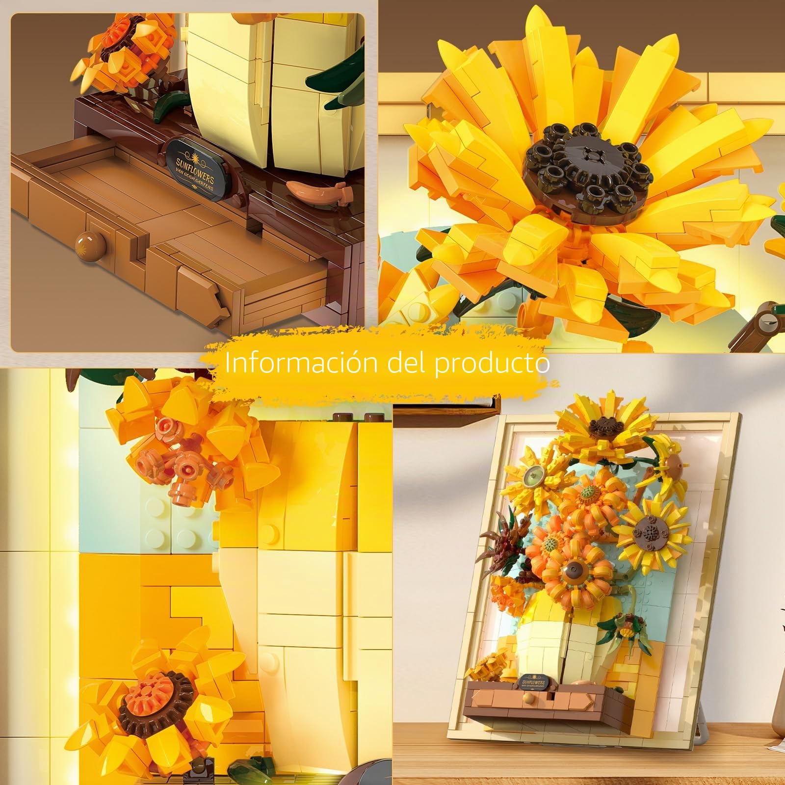 Conjuntos de bloques de construcción Brihappen, juguetes de construcción de pintura de girasoles de Van Gogh con luz sensora, 1166 piezas de arte mural 3D enmarcado para adultos, kit de modelo DIY