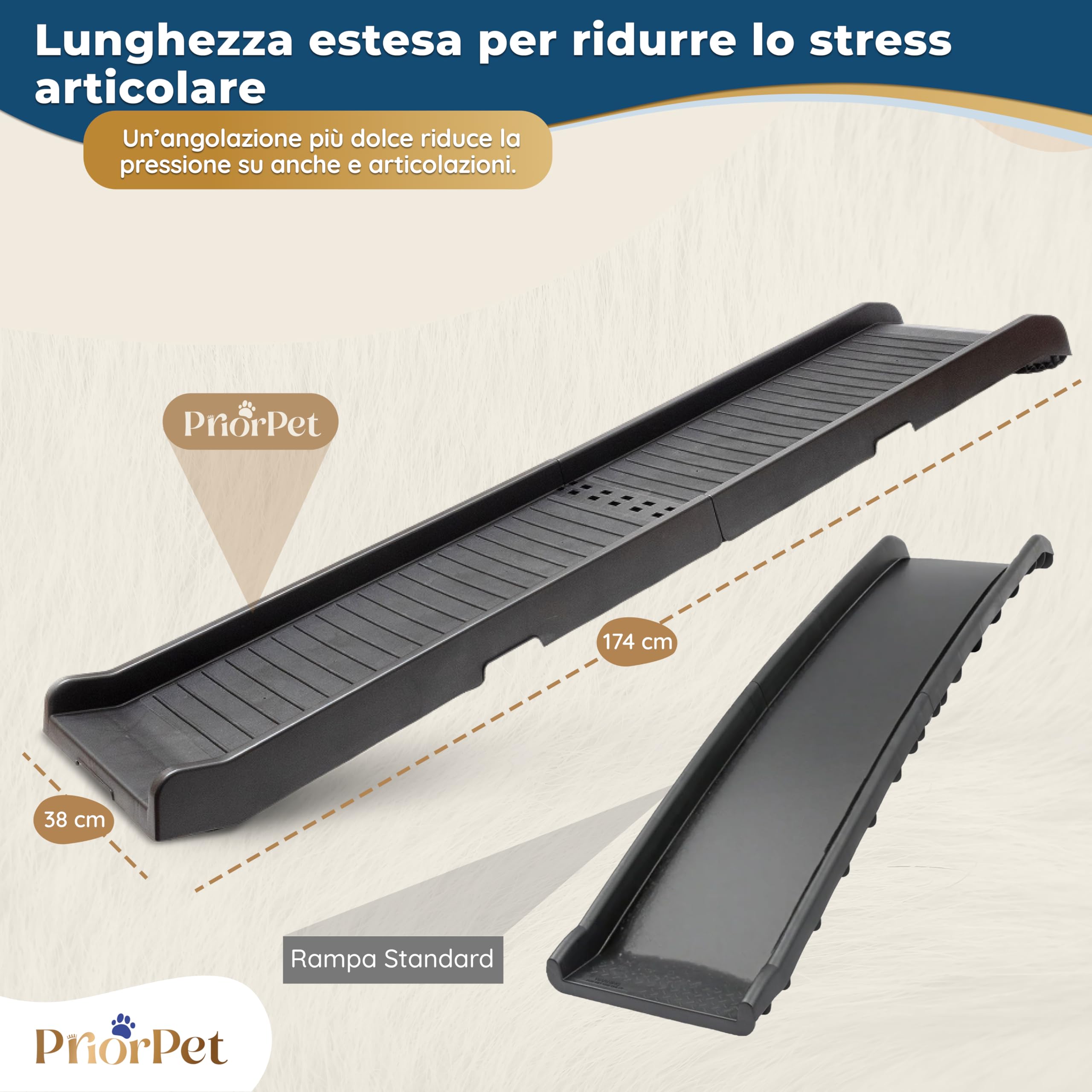 Rampa per Cani per Auto – STABILI – Rampa Antiscivolo in Gomma per Cani di Taglia Grande – 174 cm di Lunghezza & 38 cm di Larghezza – Scale per Cani Fino a 85 kg – Rampa Pieghevole per SUV – Nero