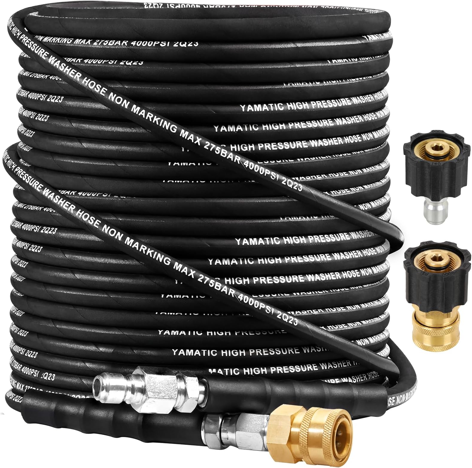 YAMATIC Kink Resistant Pressure Washer Hose 1/4" 100FT, Wear Resistant 4000PSI Power Washer Hose, Steel Wire Braided Hot & Cold Water Replacement Extension Hose with 3/8" to M22-14 Quick Connect Set