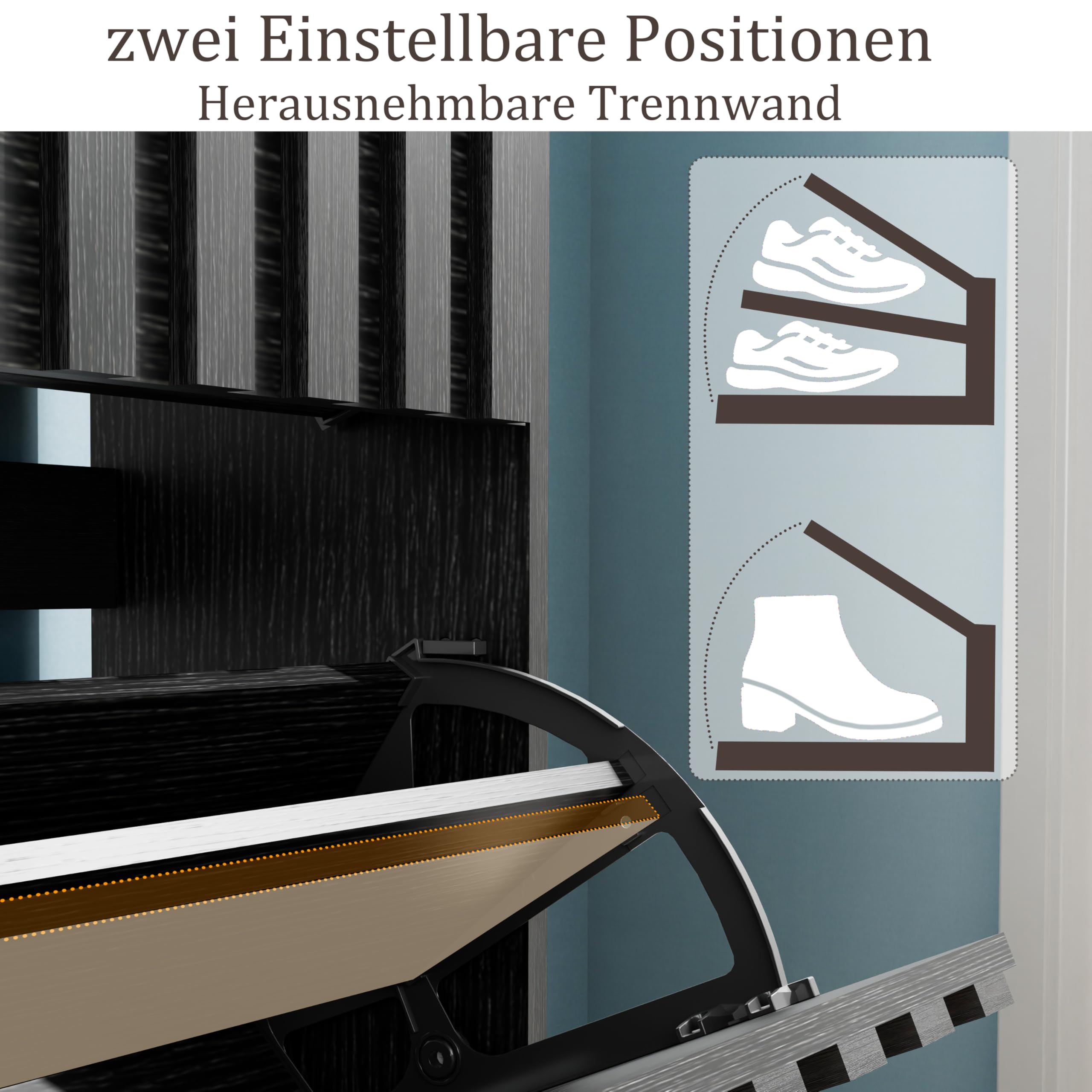 UEV Schuhschrank mit 4 Klappen Holz Schmal Schuhkipper Schuhkommode mit Kippschutz, Schuhaufbewahrung, Flurkommode Schuhregal Flur, Verstellbare Trennwände für Verschiedene Schuhtypen Schwarz
