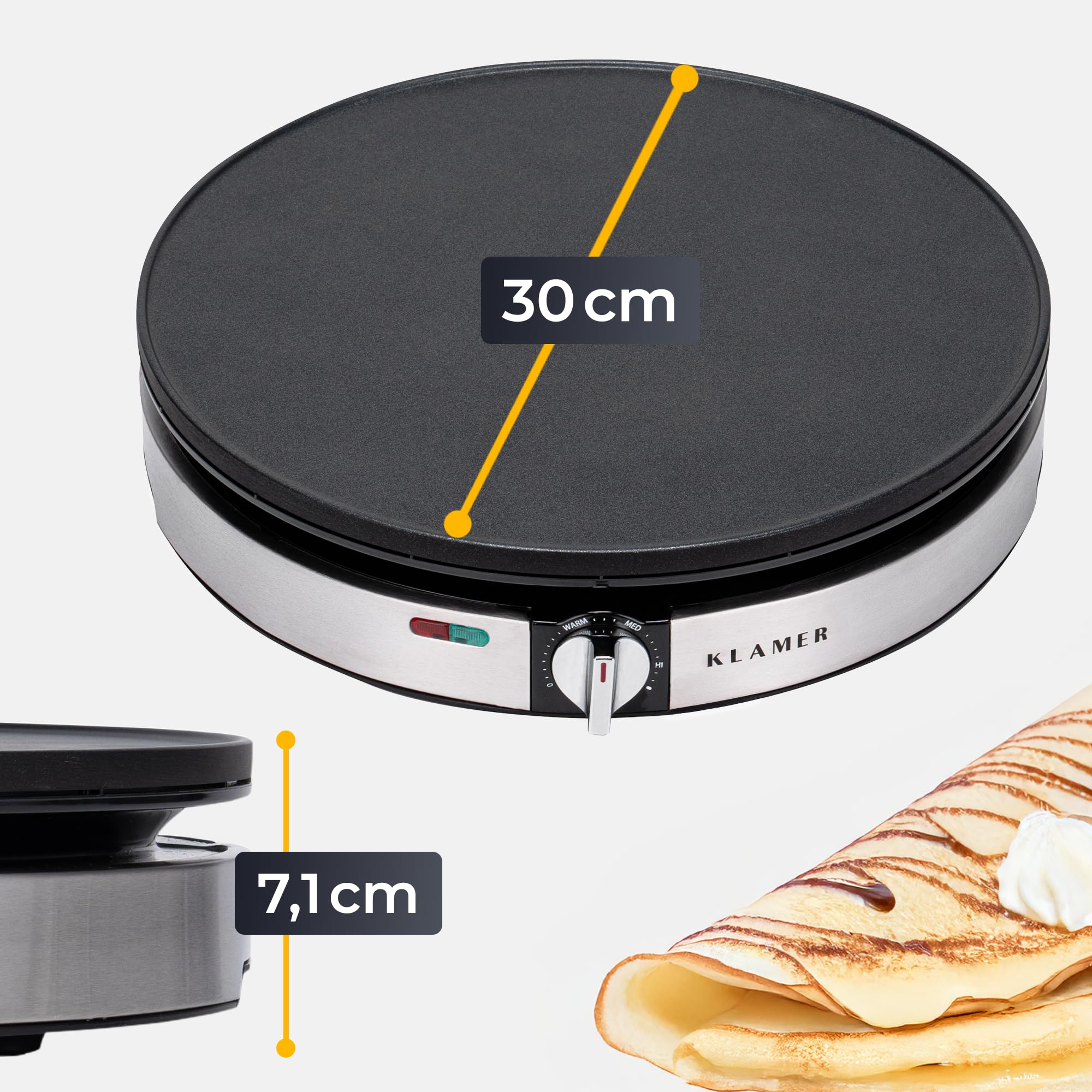 KLAMER Crepes Maker, Backfläche mit 30cm Ø, antihaftbeschichtete Platte, inkl. Teigverteiler und Wender aus Holz, Crepes Eisen für Crepes, Pancakes & Tortilla, 1400W