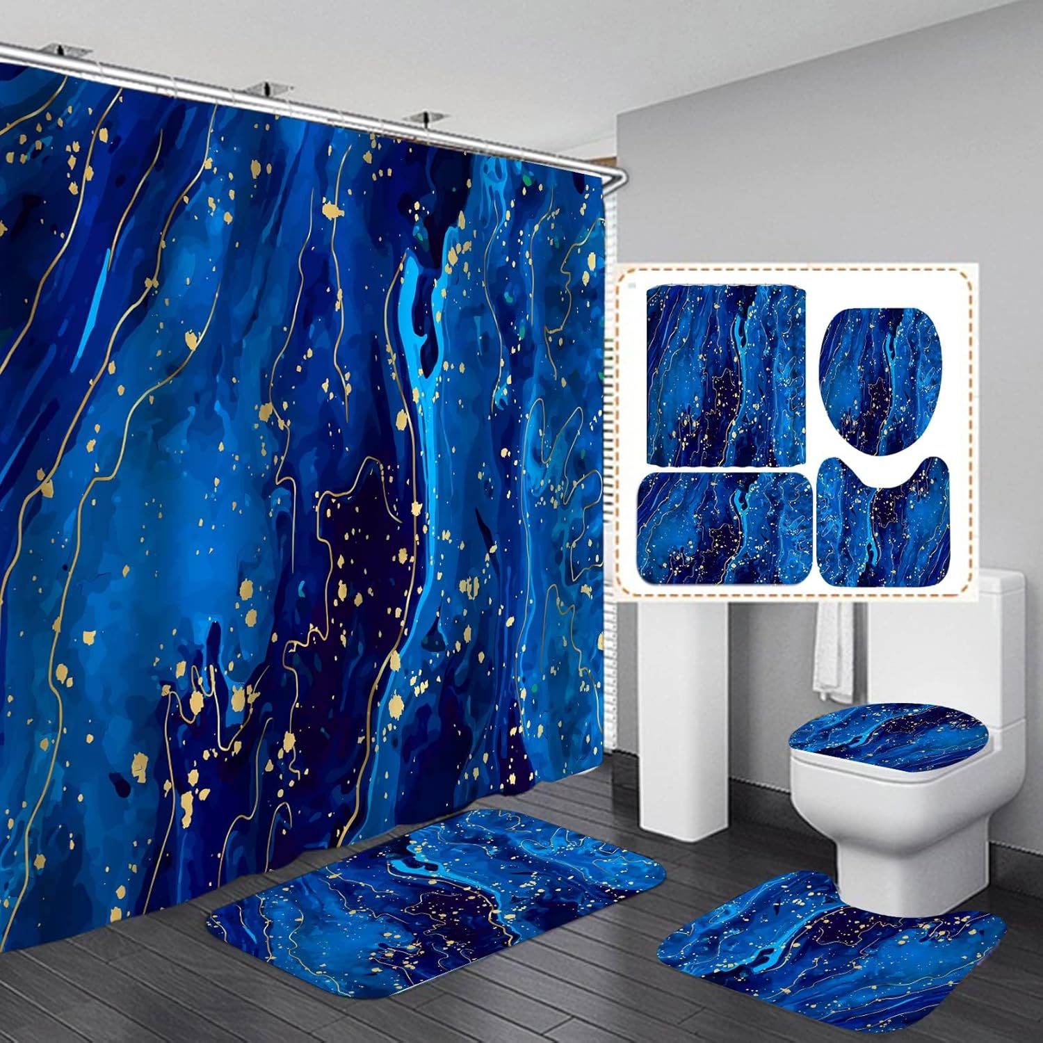 Bathroom Sets with Shower Curtain and Rugs, Bathroom Curtains Shower Set Include Waterproof Shower Curtain Non-Slip Rug Toilet Lid Cover Bath Mat and 12 Hooks, Blue Marble Shower Curtains for Bath