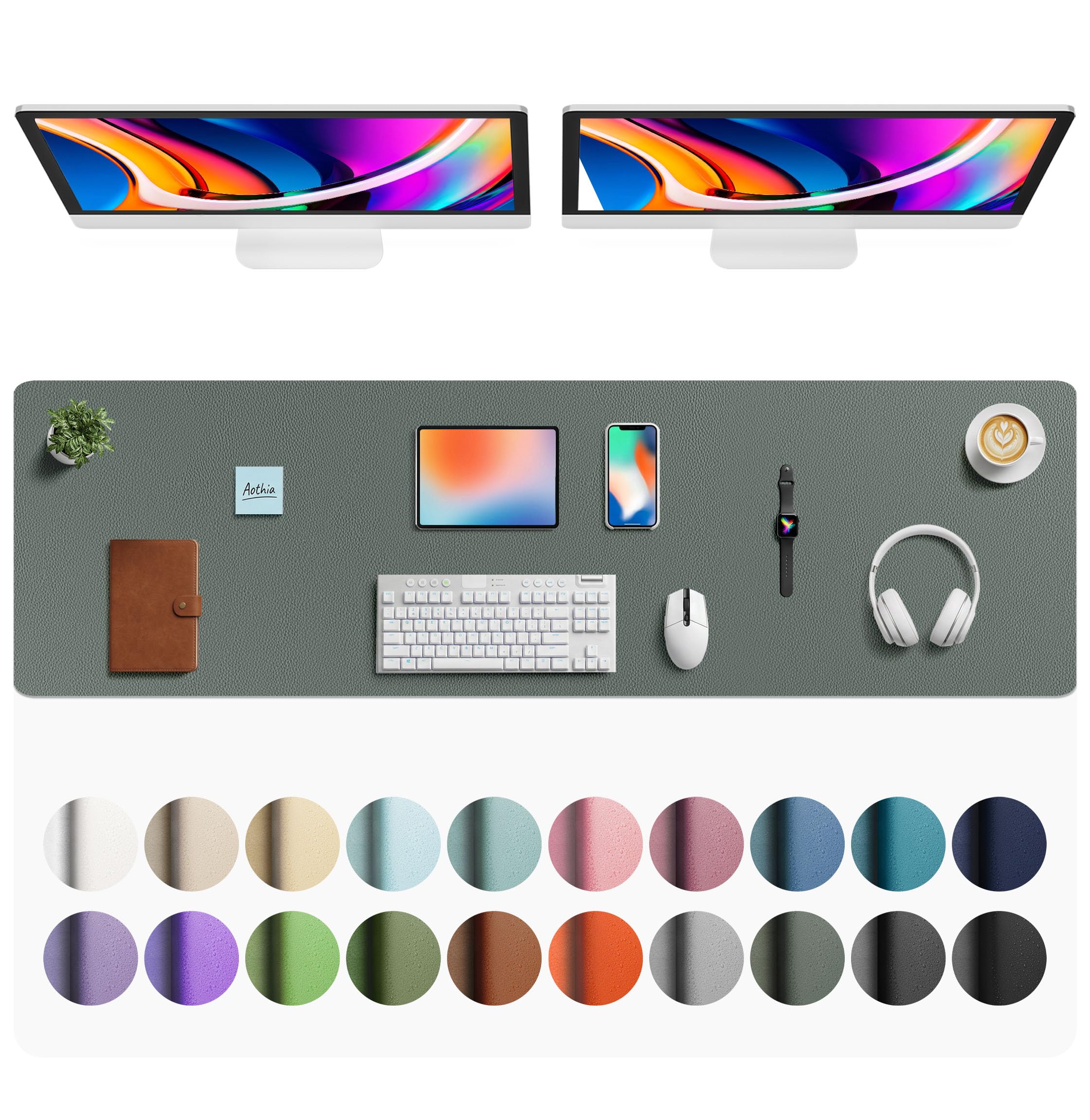 Aothia Faux Leather Desk Mat - Large Mouse Pad, Non-Slip PU Leather Blotter, Waterproof Writing Surface for Office and Home (Jungle Green, 63" x 17")