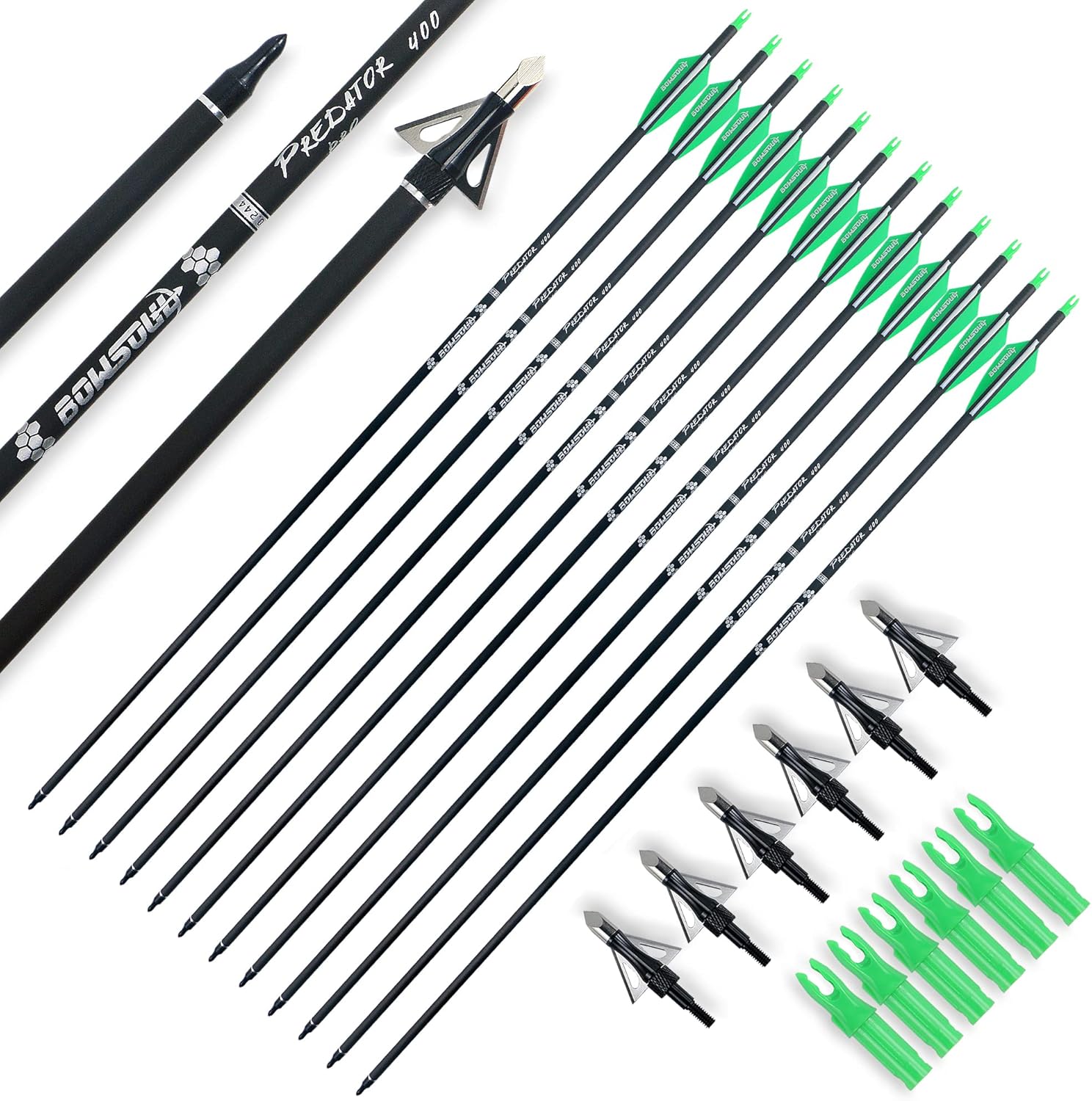 BOWSOUL 30inch Hunting Carbon Archery Arrows with 2.75” High Hardness Vanes Spine 400 for Compound Bow and Recurve Bow Green White&Broadheads