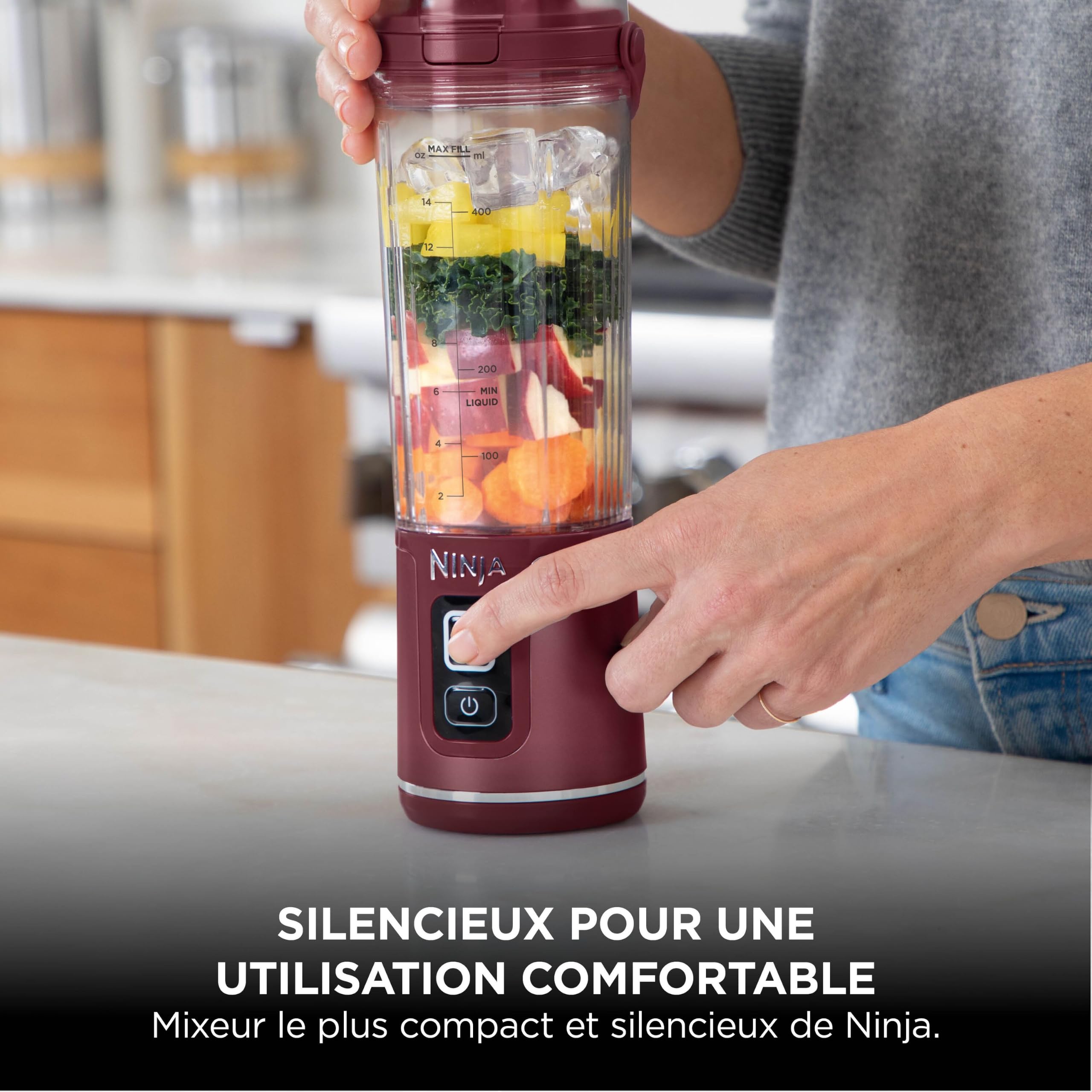 Ninja Blast Blender portable, 530 ml, couvercle résistant aux fuites et bec verseur, mini blender sans fil puissant, rechargeable, smoothies, shakes, mixe fruits et glaçons, Canneberge, BC151EUCR