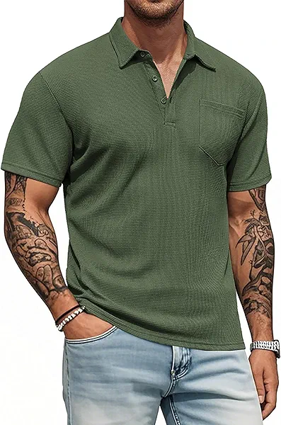 Knit Polo Shirts for Men Button Down Short Sleeve Shirt Men's Waffle Knitted T-Shirt Summer Golf Tee Shirt with Pocket