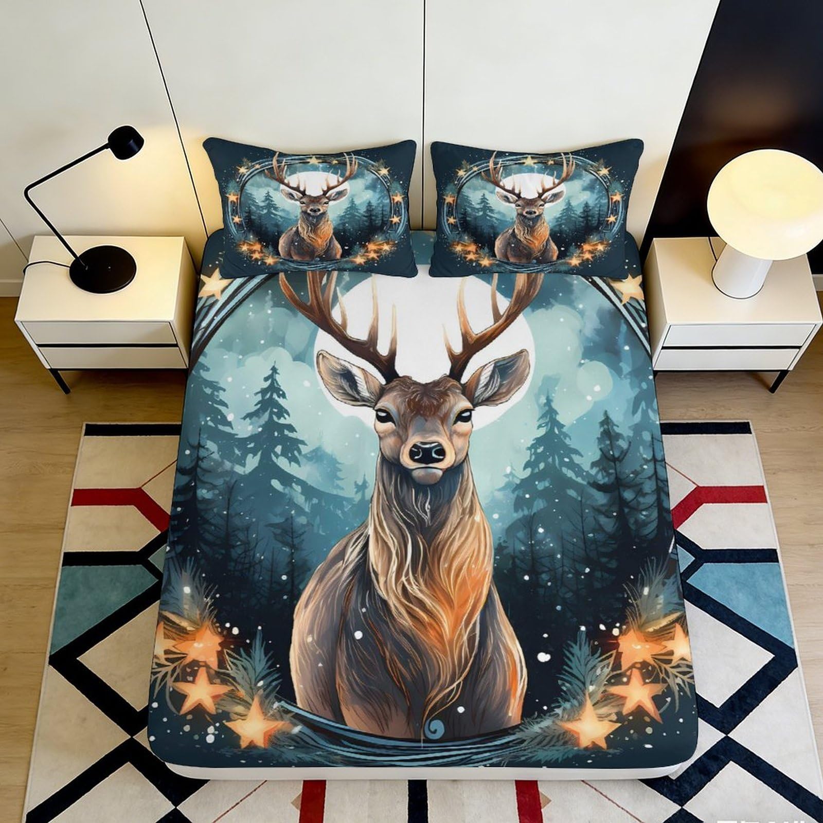 3D Printed Deer Pattern Fitted Sheet Microfiber Soft Breathable Forest Night Bed Cover for Bedroom Dormitory Guest Room Mattress Protection 200x200x25cm
