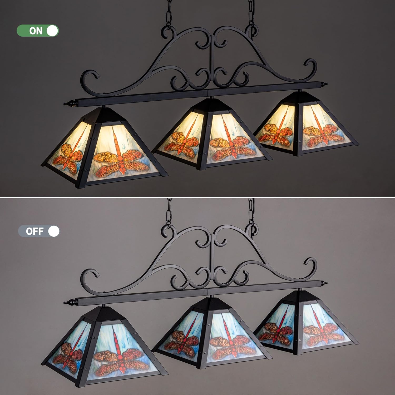 TOCHIC 46" Tiffany Pool Table Light, 3 Lights Farmhouse Chandelier, Vintage Billiards Light Fixture with Dragonfly for Dining Room Game Room Kitchen Island Man Cave Bar