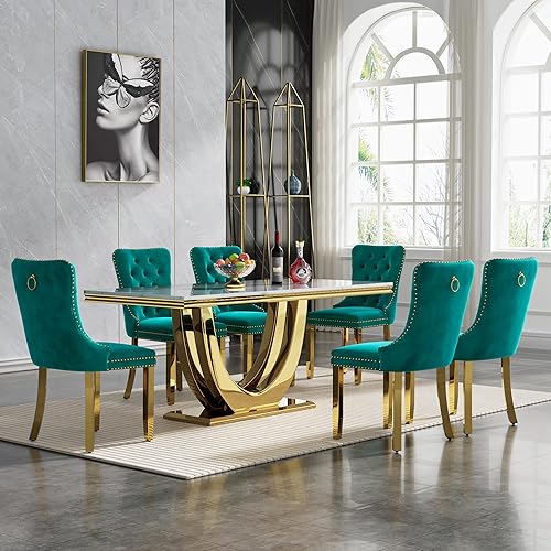 Miniatura 19 de Juego de mesa de comedor de mármol de 9 piezas para mesa de comedor grande de mármol blanco de 8 y 94 pulgadas con base de acero inoxidable en forma