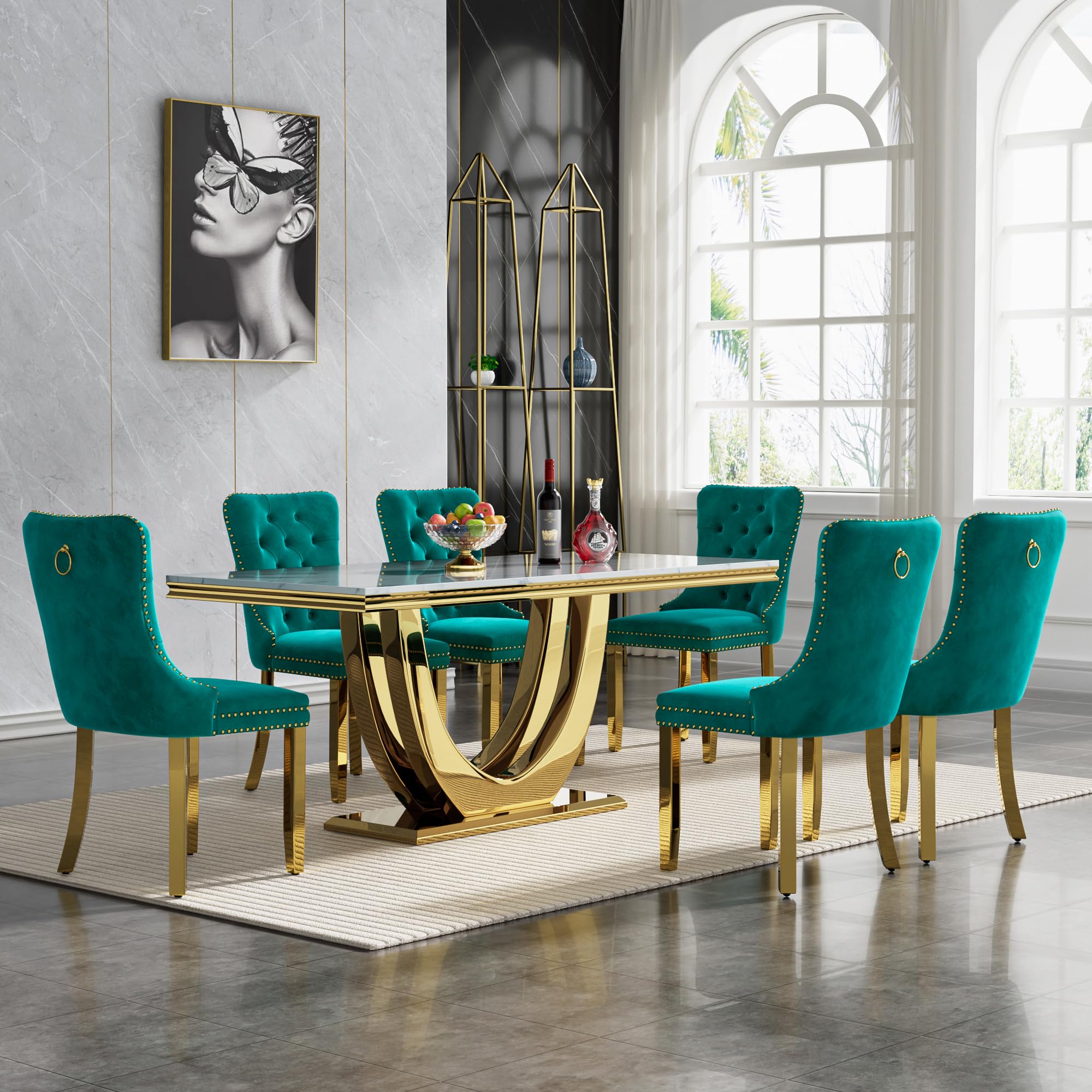 68" Marble Dining Table Set for 6, Luxury White Gold Kitchen Table with 6 Green Velvet Dining Chairs Modern Fuax Marble 7-Piece Dining Room Table Set for 6 w/Stainless Steel Base