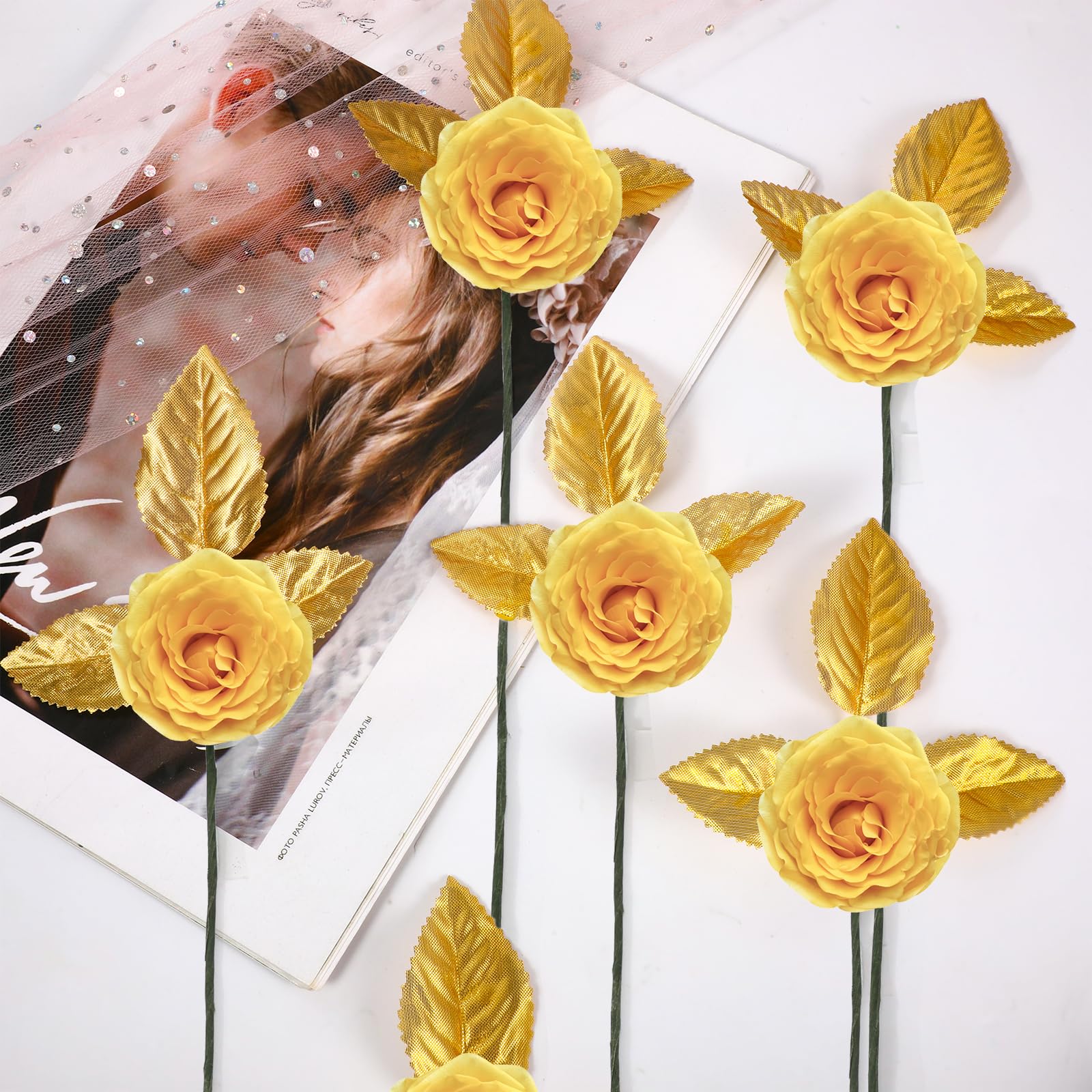 16 Branches Feuilles Artificielles à Paillettes Dorées - 34 Cm, Tige Flexible - Décoration Noël, Mariage, Fête - DIY Guirlande Couronne