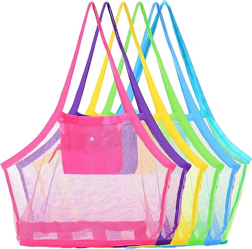 Woanger 6 bolsas de playa de malla de verano, extra grandes, bolsas plegables y bolsas para niños pequeños, juguetes de playa, mercado, comestibles,