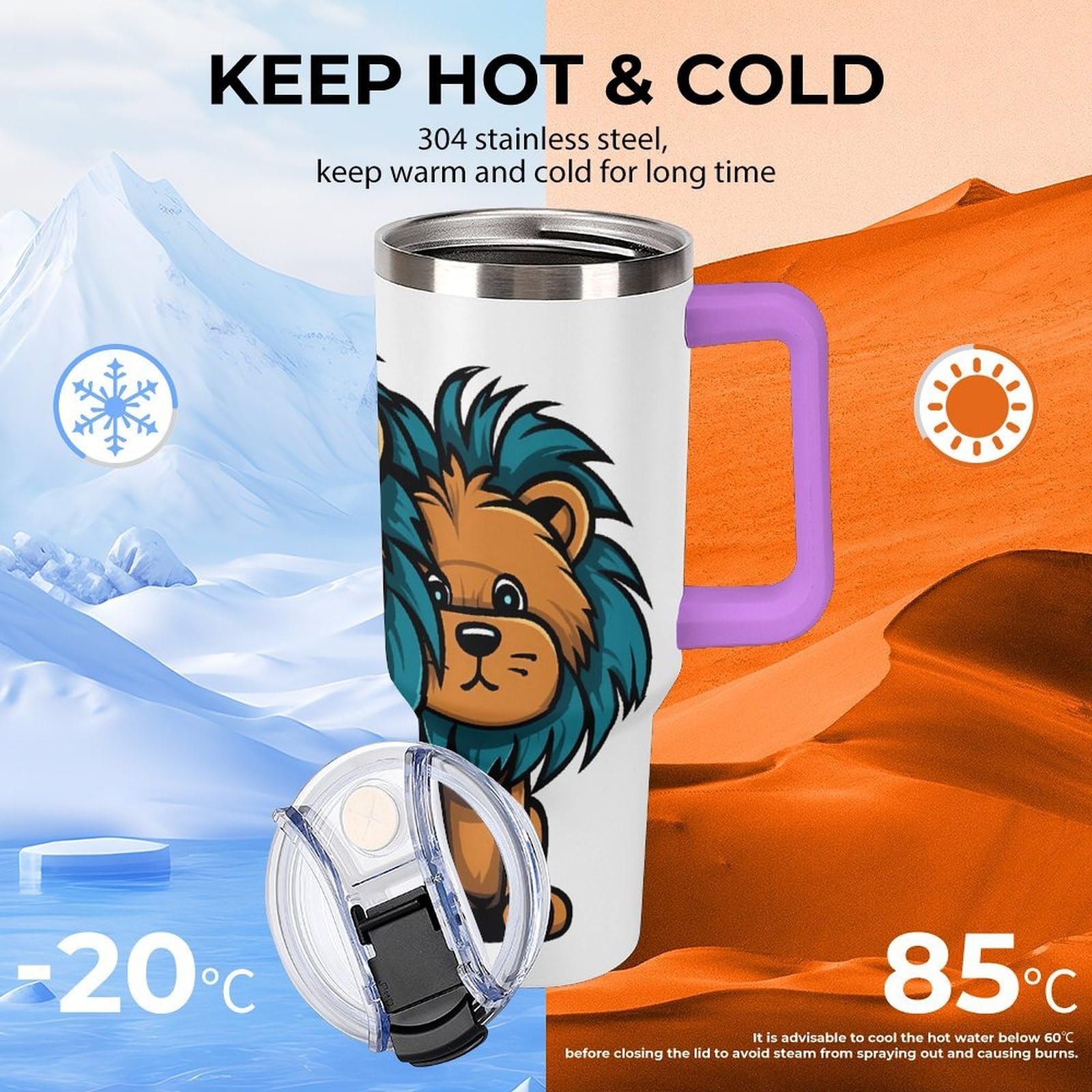 Clipart Löwenbecher aus 304 Edelstahl, mit Strohhalm und auslaufsicherem Deckel, großes Fassungsvermögen, vakuumisolierter Reisebecher für Auto-Becherhalter, 1,2 l