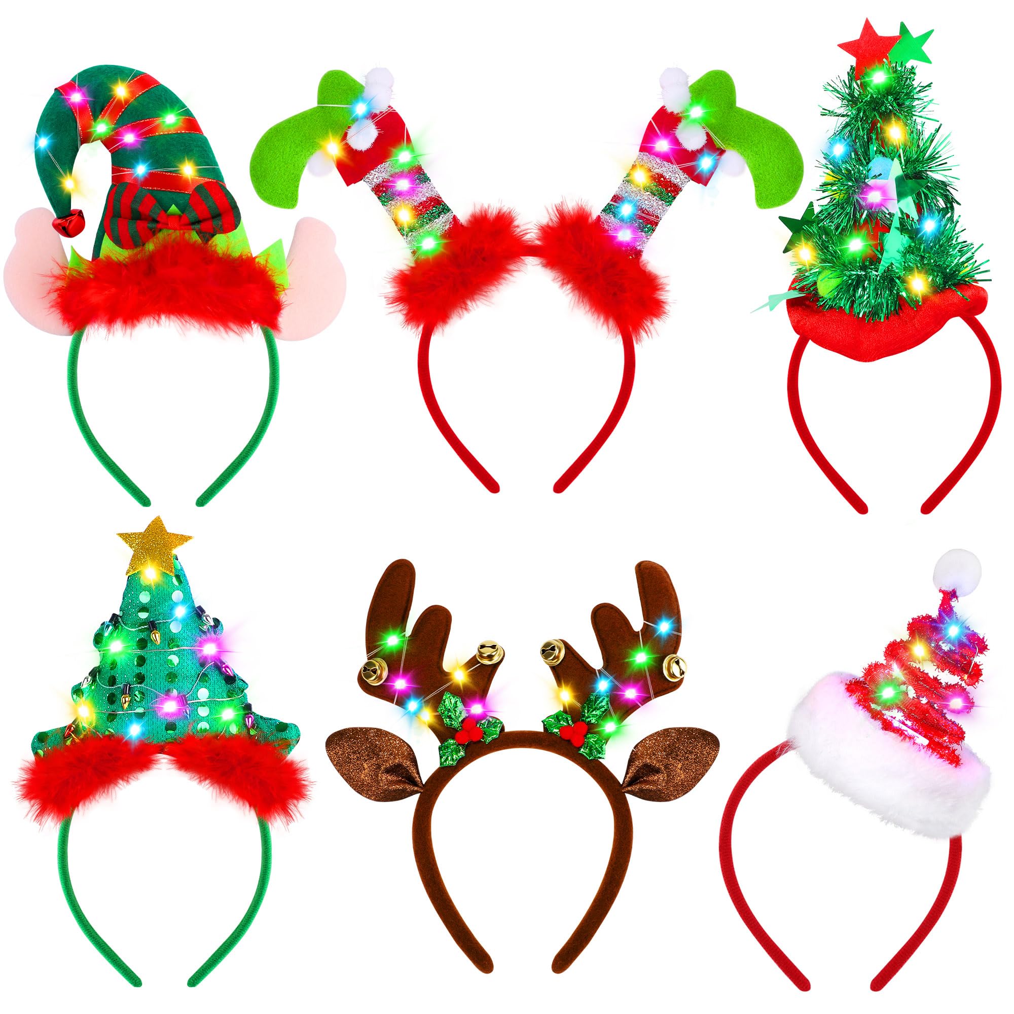 Aodaer Lot de 6 bandeaux de Noël à LED assortis pour sapin de Noël et renne